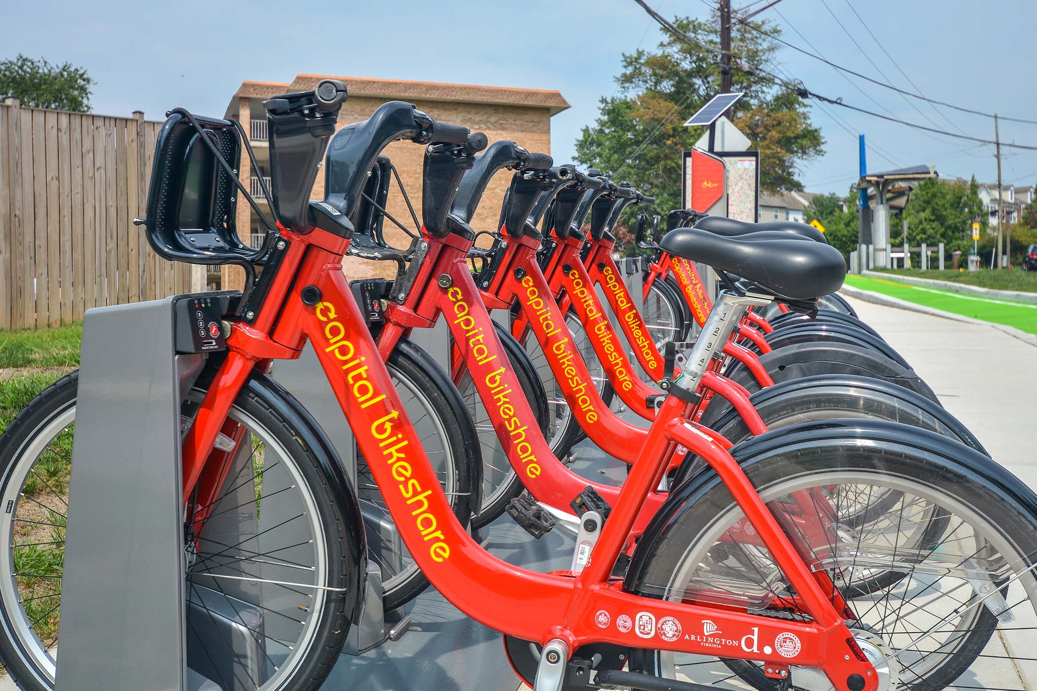 community bicycles available for use at The Flats at Columbia Pike in Silver Spring, Maryland