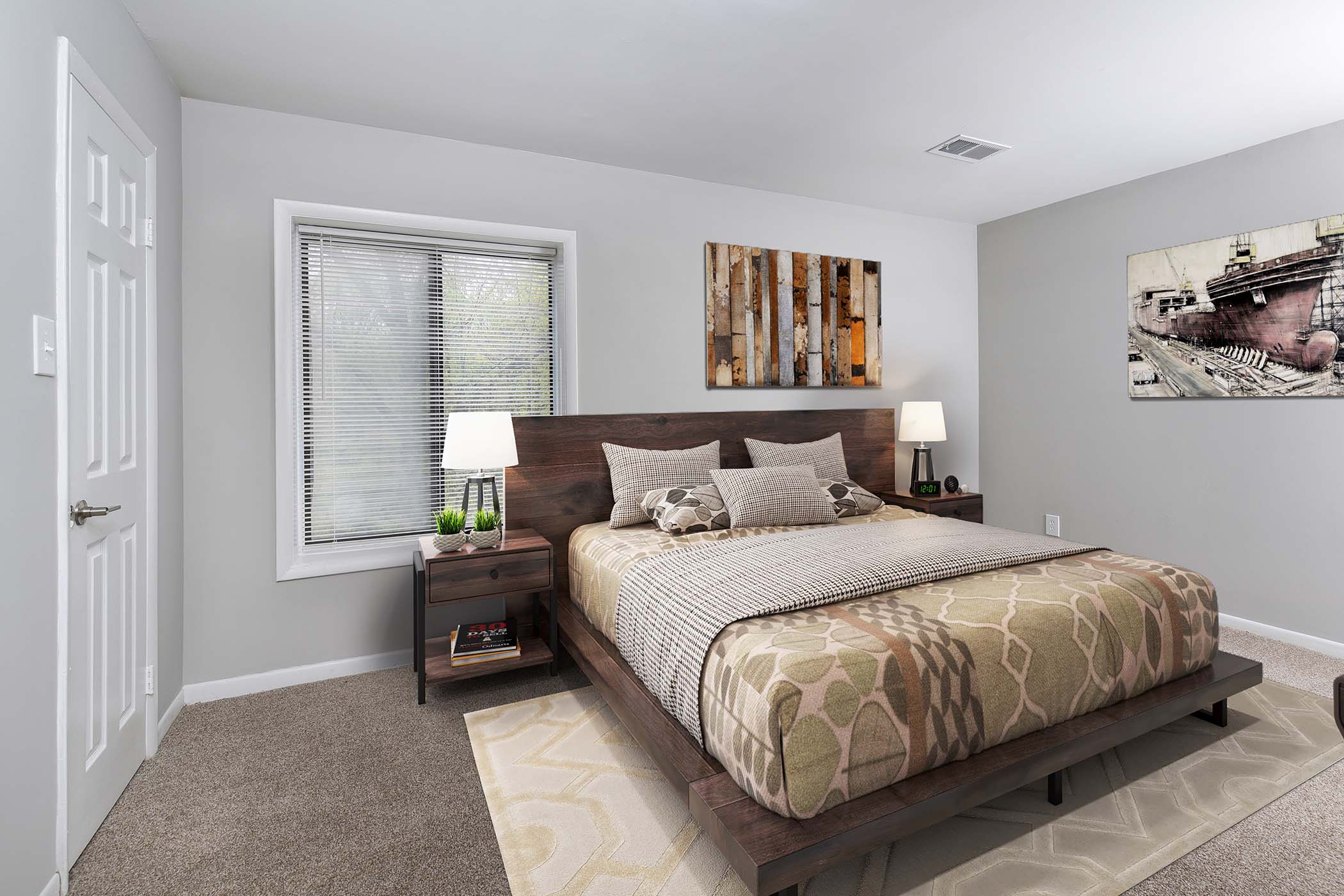 Model bedroom at The Flats at Columbia Pike in Silver Spring, Maryland