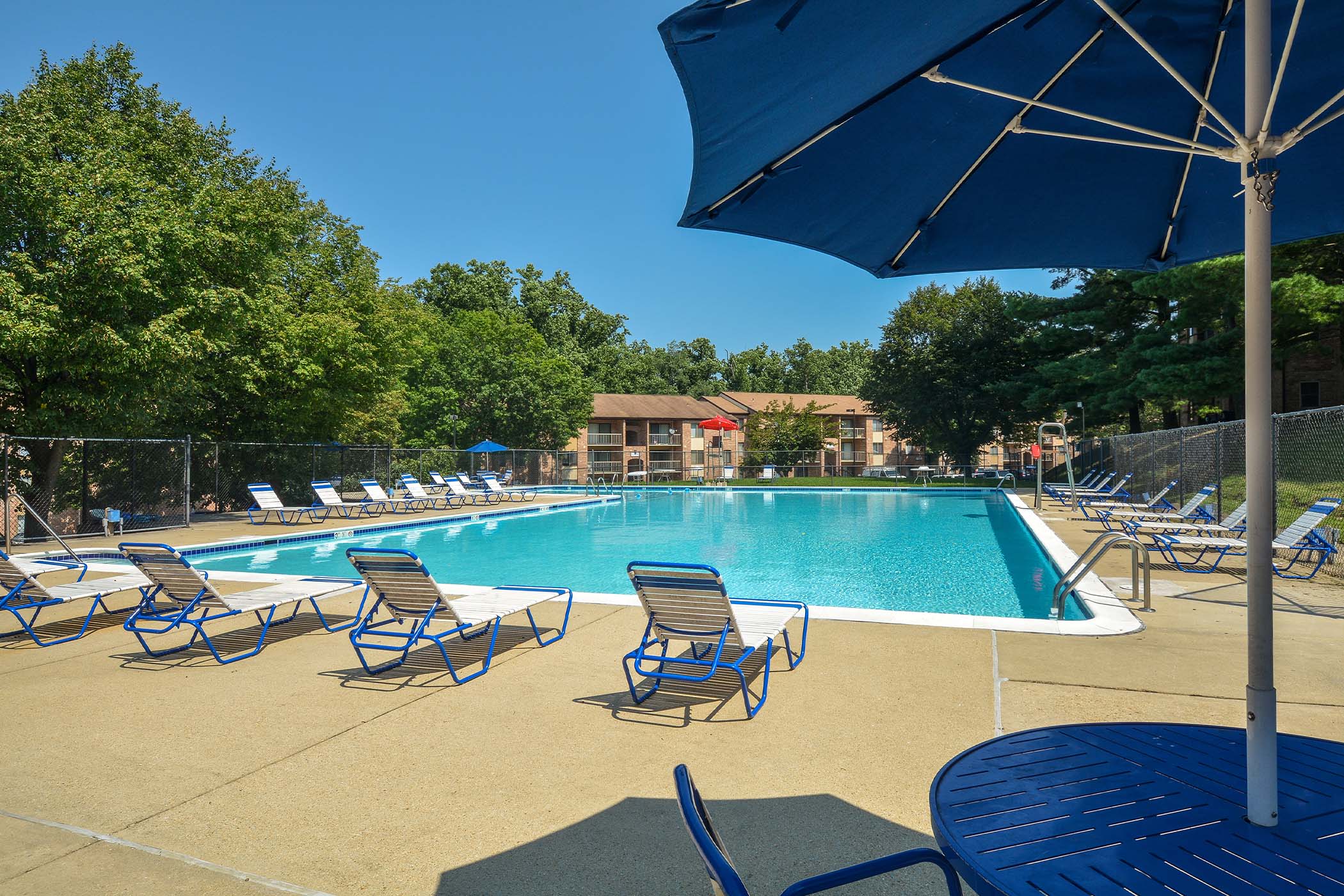 Lounge chairs next to the pool at The Flats at Columbia Pike in Silver Spring, Maryland