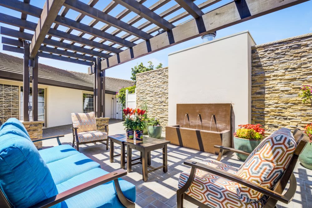 Private and secure outdoor courtyard in memory care at Madonna Gardens in Salinas, California. 