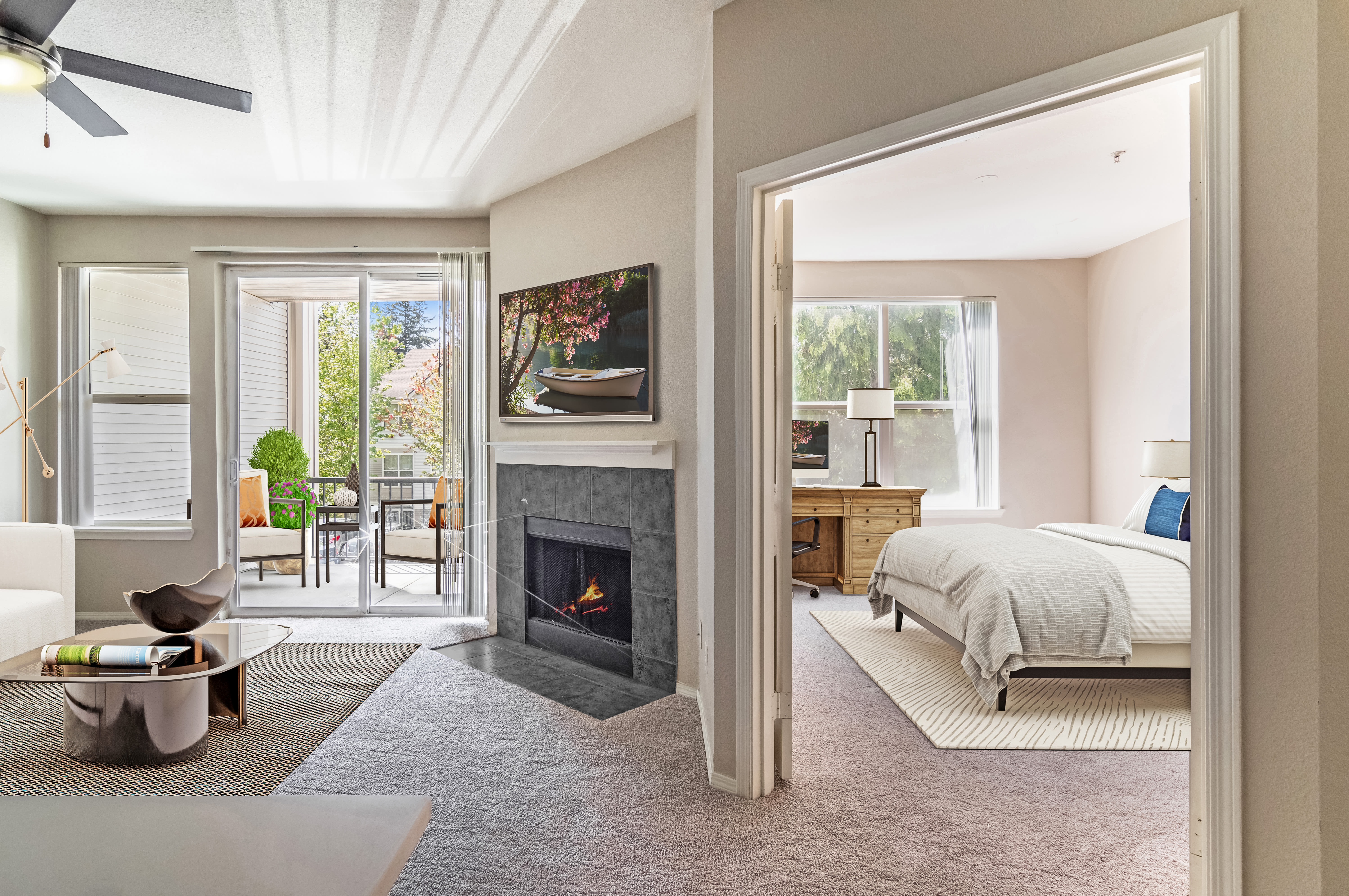 Bedroom view with fireplace at HighGrove Apartments in Everett, Washington