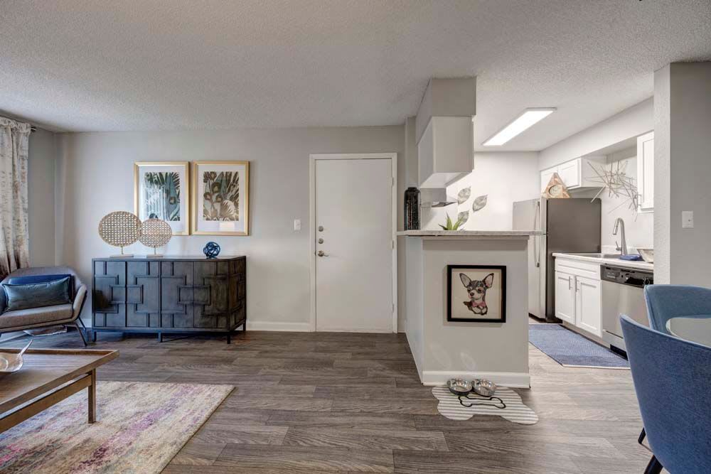 Spacious living room space at Hampden Heights Apartments in Denver, Colorado