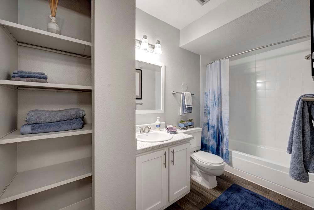 Hampden Heights Apartments offers a Spacious Bathroom in Denver, Colorado features built in cabinets with shelves