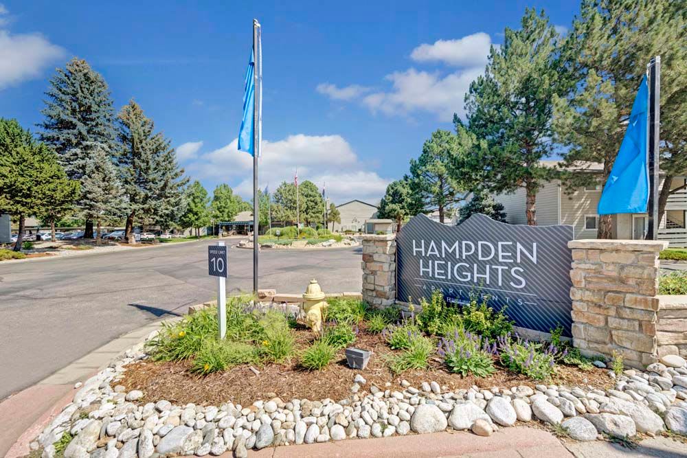 Front sign at Hampden Heights Apartments in Denver, Colorado
