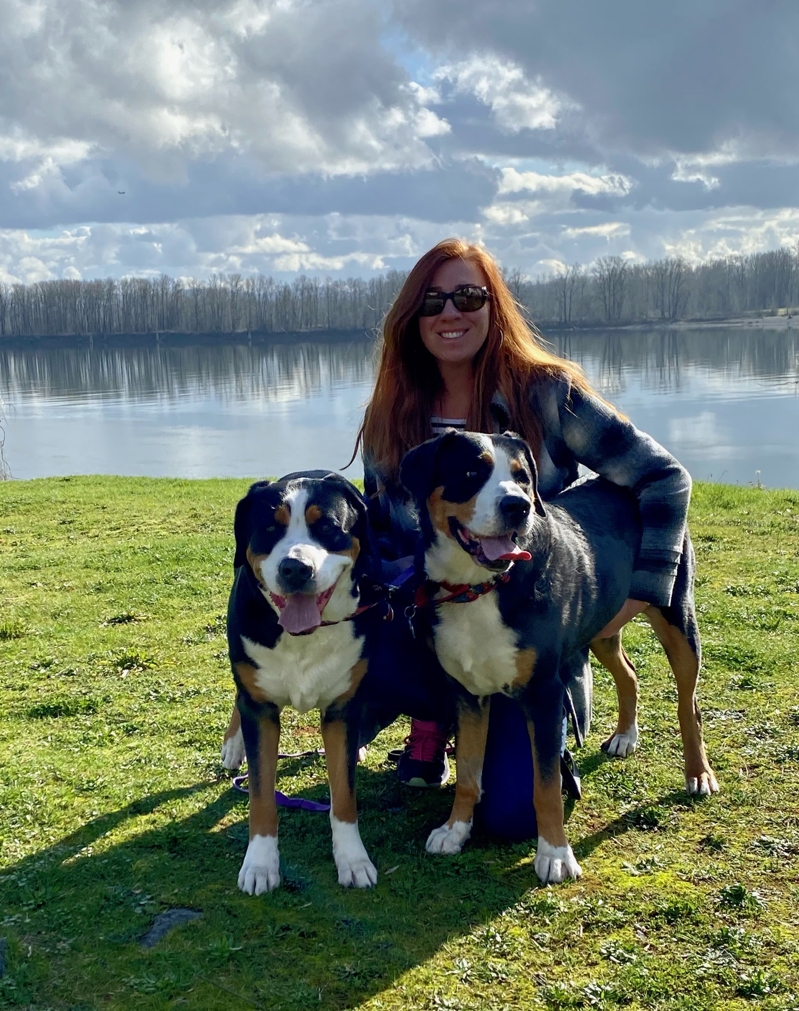 April from Touchmark Central Office in Beaverton, Oregon with her two dogs