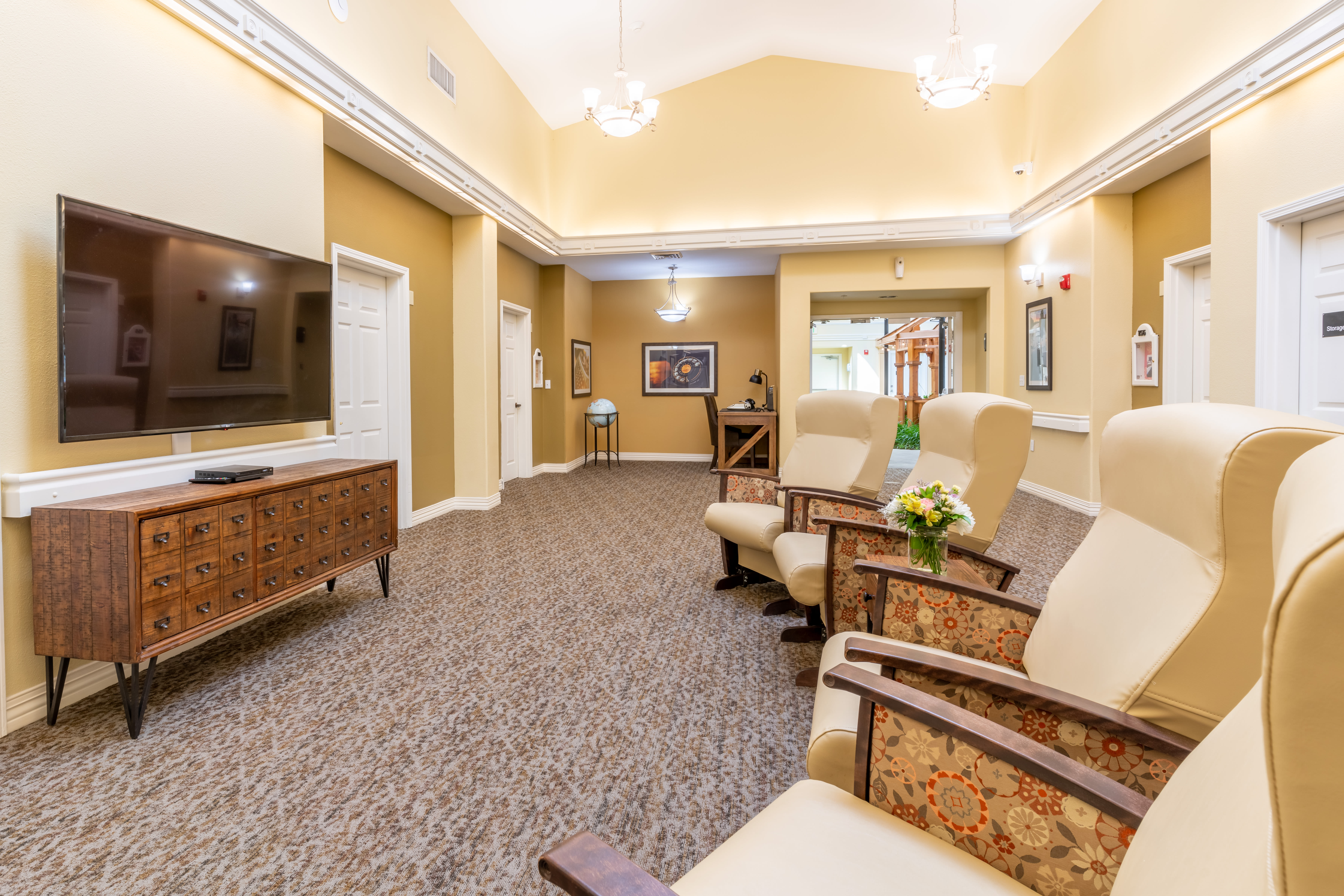 Seating with television at Evergreen Memory Care in Eugene, Oregon. 