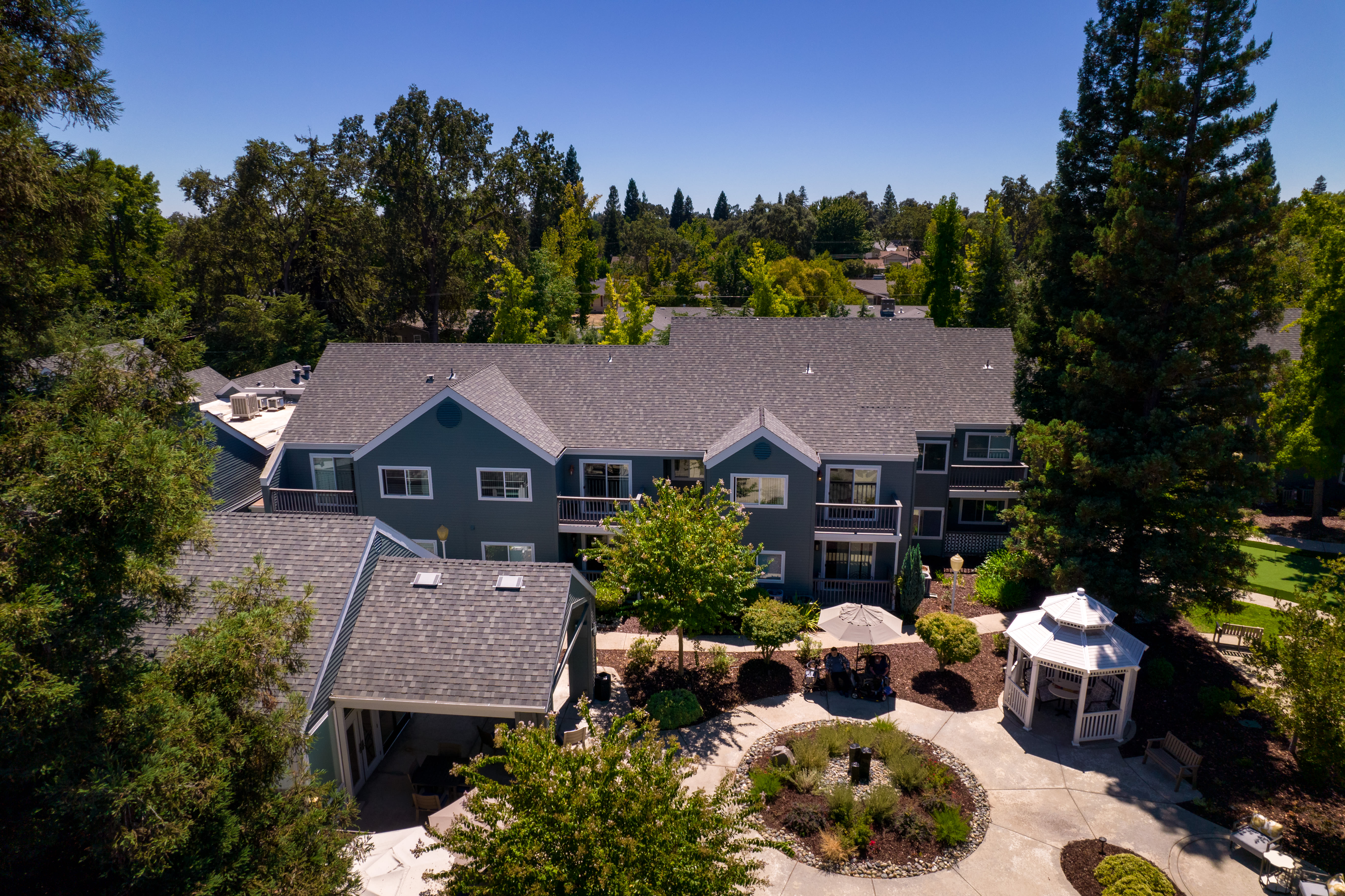 View of the facility from outside drone shot at Blossom Vale Senior Living in Orangevale, California. 