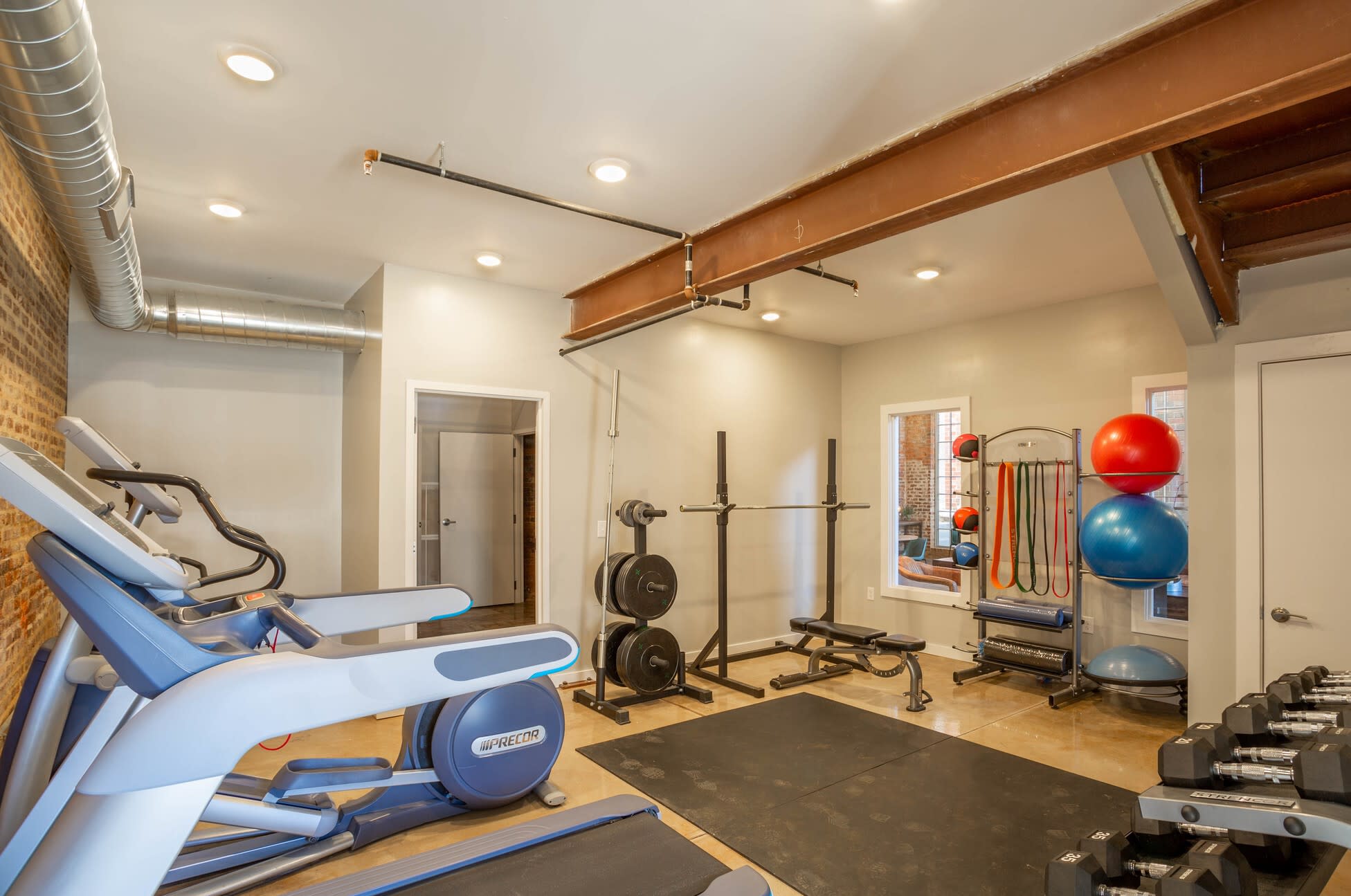 Workout equipment in the fitness center at Bellevue Mill in Hillsborough, North Carolina