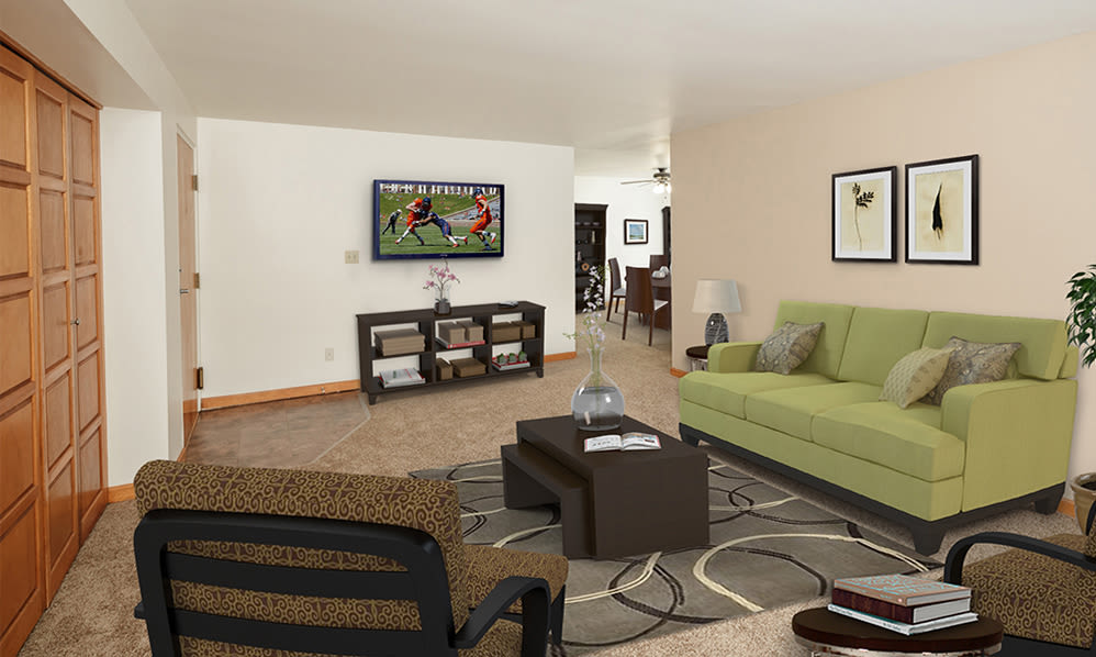 Spacious living room at Green Lake Apartments & Townhomes in Orchard Park, New York.