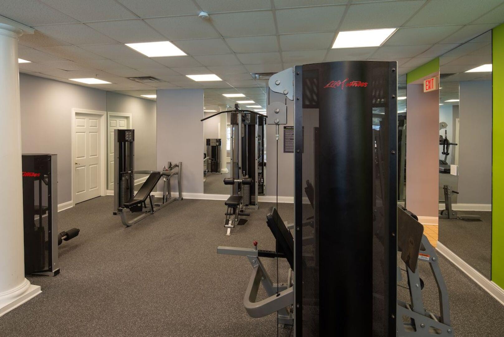 Strength-training equipment provided at the fitness center at The Elms at Germantown in Germantown, Maryland
