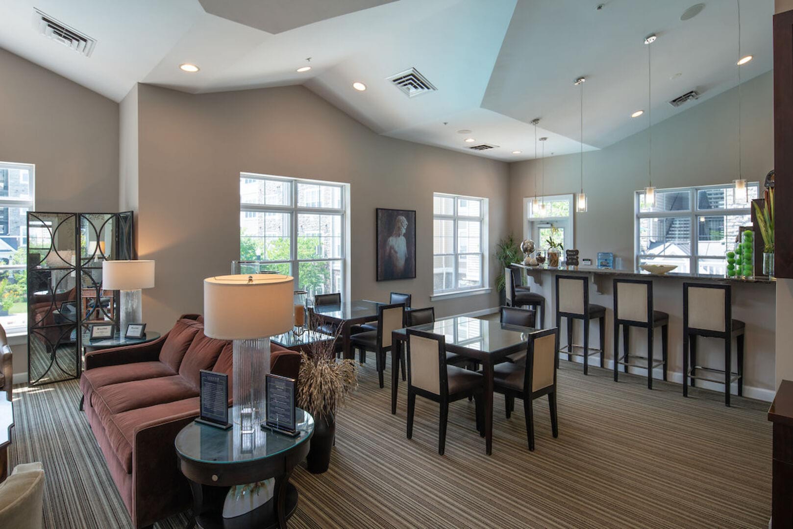 Community area with kitchen. dining area at The Elms at Stoney Run Village in Hanover, Maryland