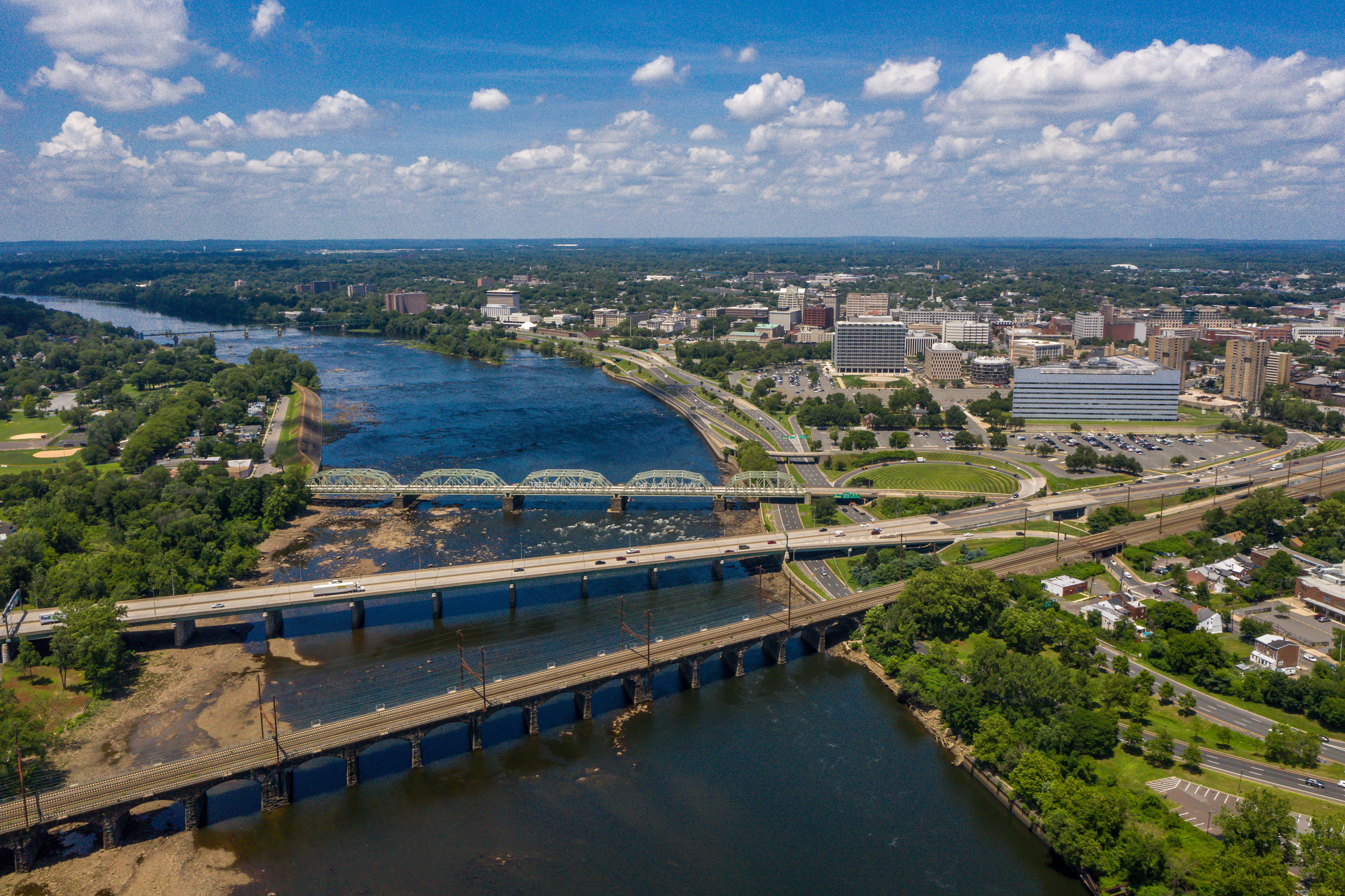 Arial view of bridges over a river near The Nolan, Morrisville, Pennsylvania