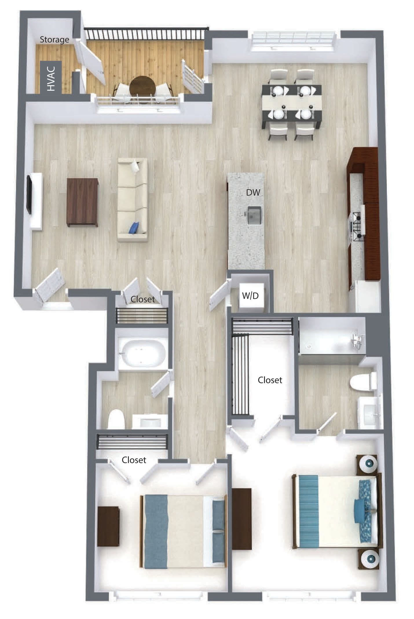 Two bed two bath floor plan at Tuscany Garden 
