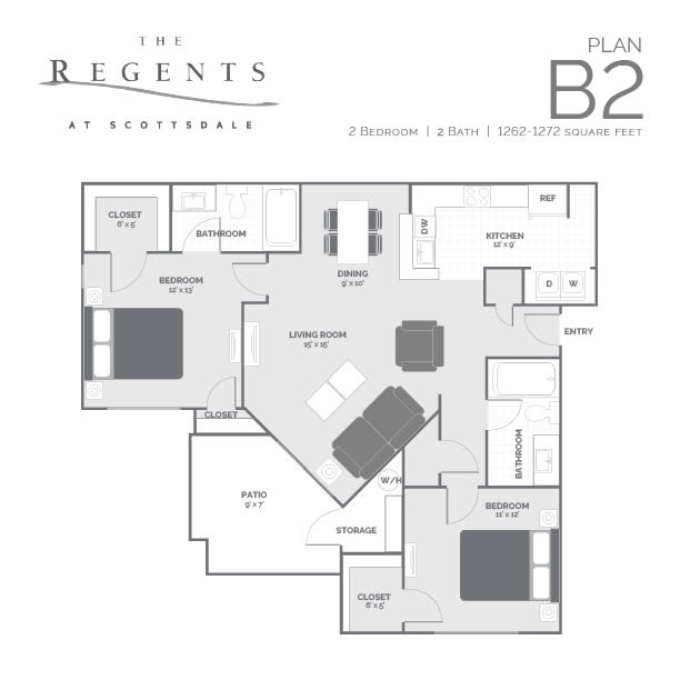 2 Bedroom | 2 Bathroom Square Ft. 1262-1272