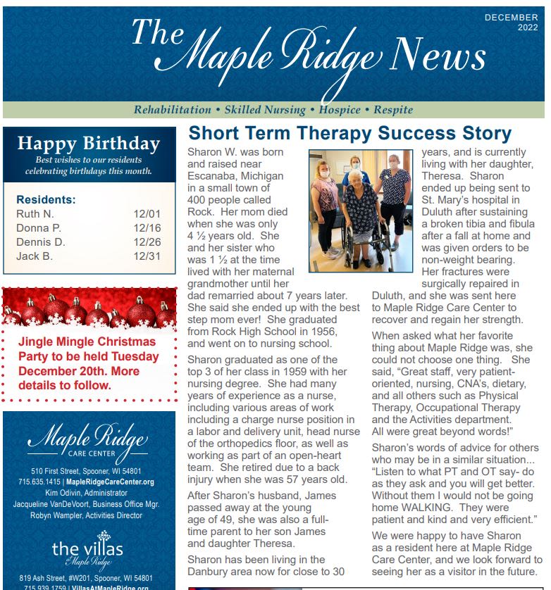 December 2022 Newsletter at Maple Ridge Care Center in Spooner, Wisconsin