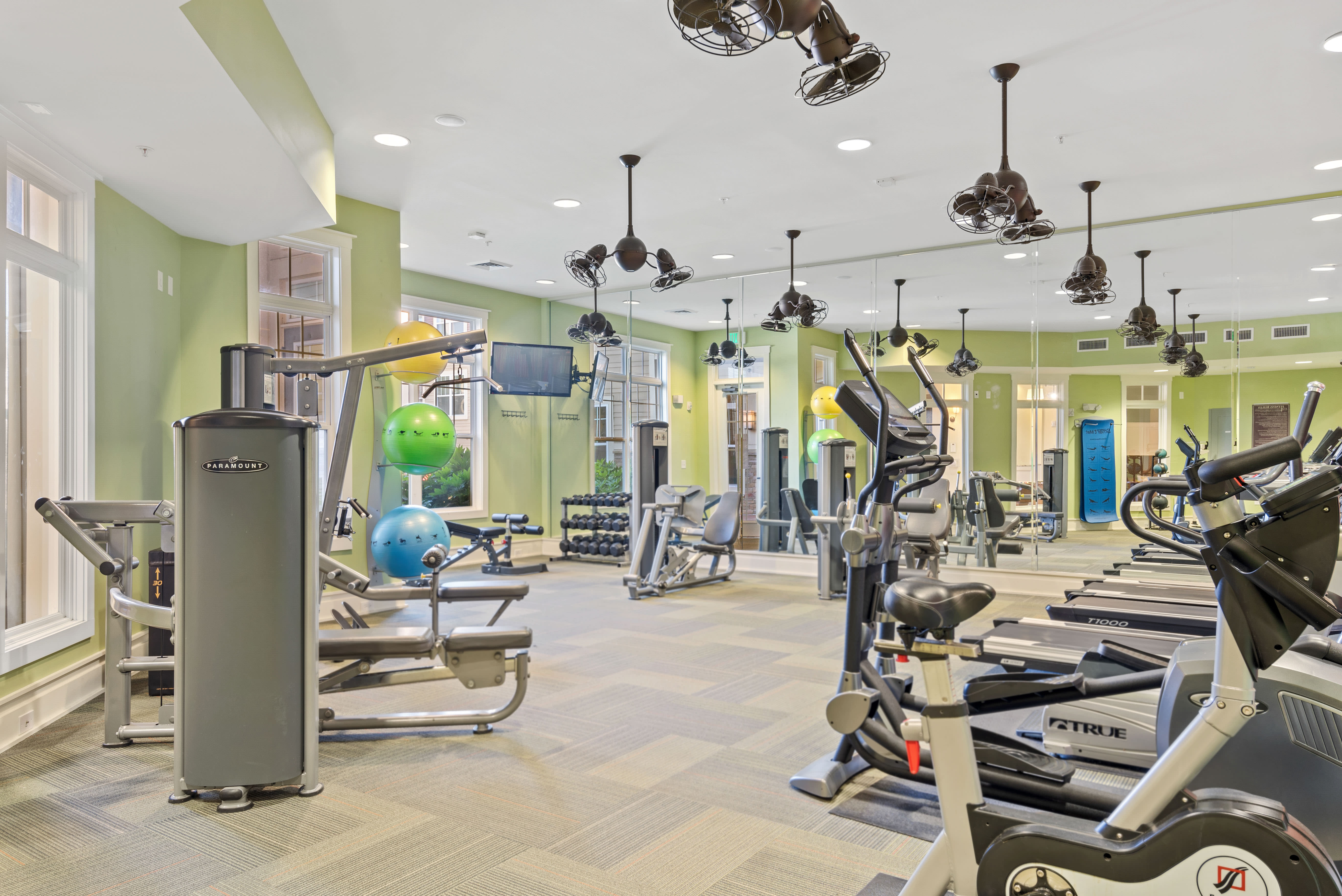 Modern fully sized fitness center at Fountains at Mooresville Town Square in Mooresville, North Carolina