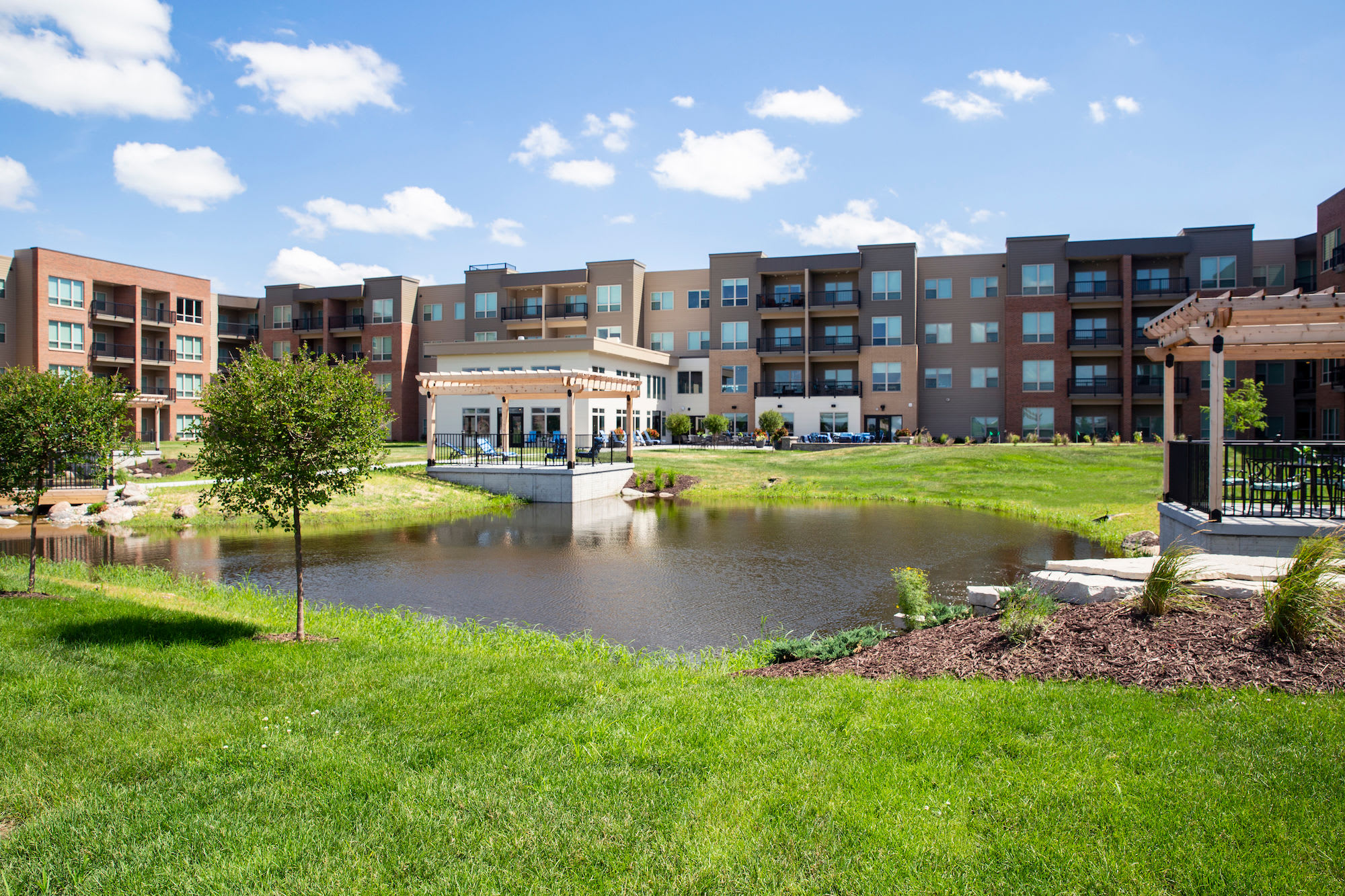 Courtyard and pond at Attivo Trail in Ames, Iowa