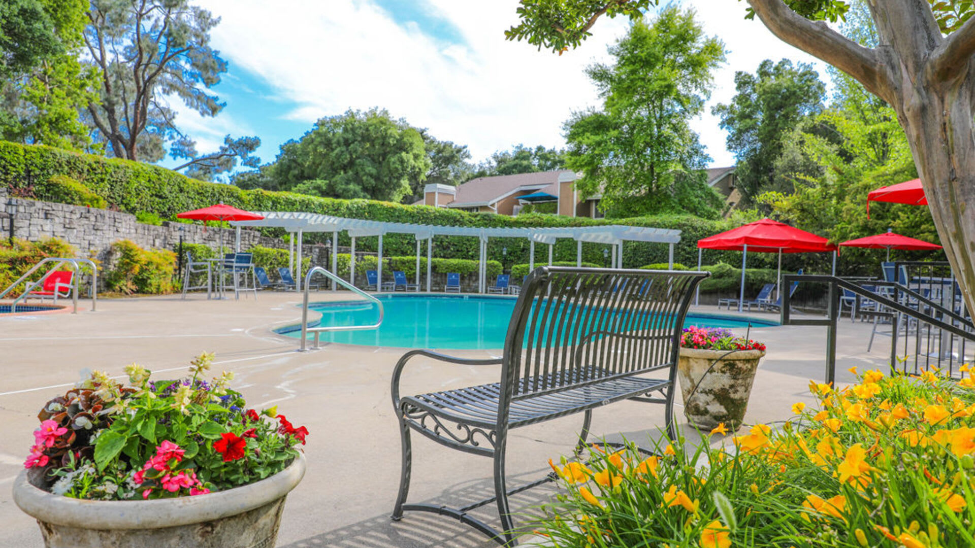 Pool deck at Lake Pointe Apartments in Folsom, California