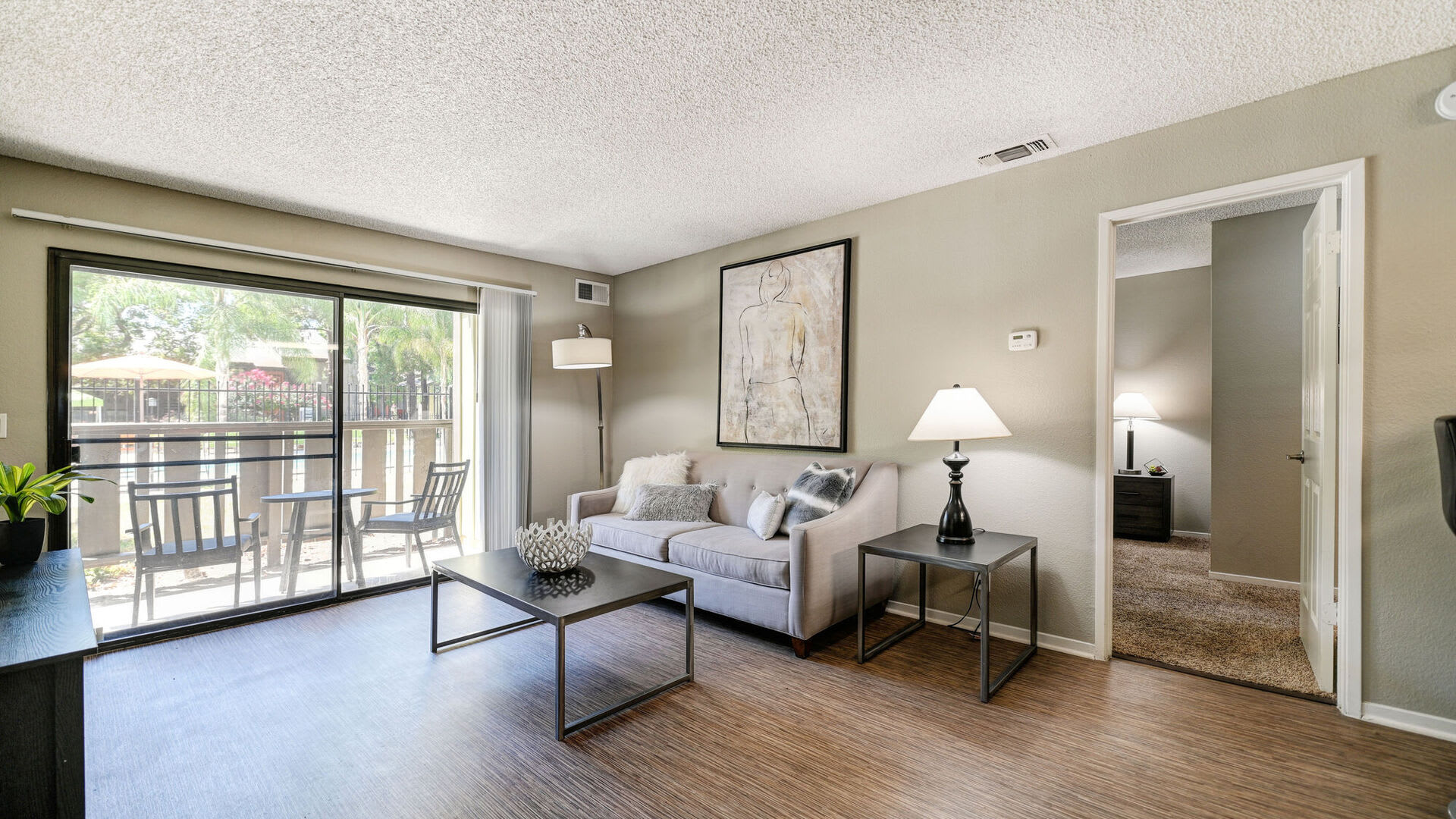 Furnished model living room at The Falls at Arden in Sacramento, California