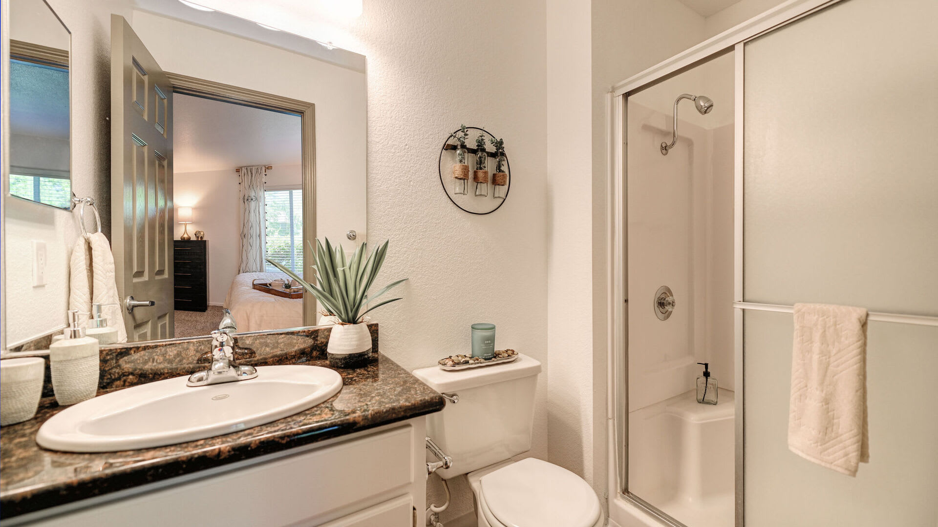 Model bathroom at Harbor Oaks Apartments in Sacramento, California