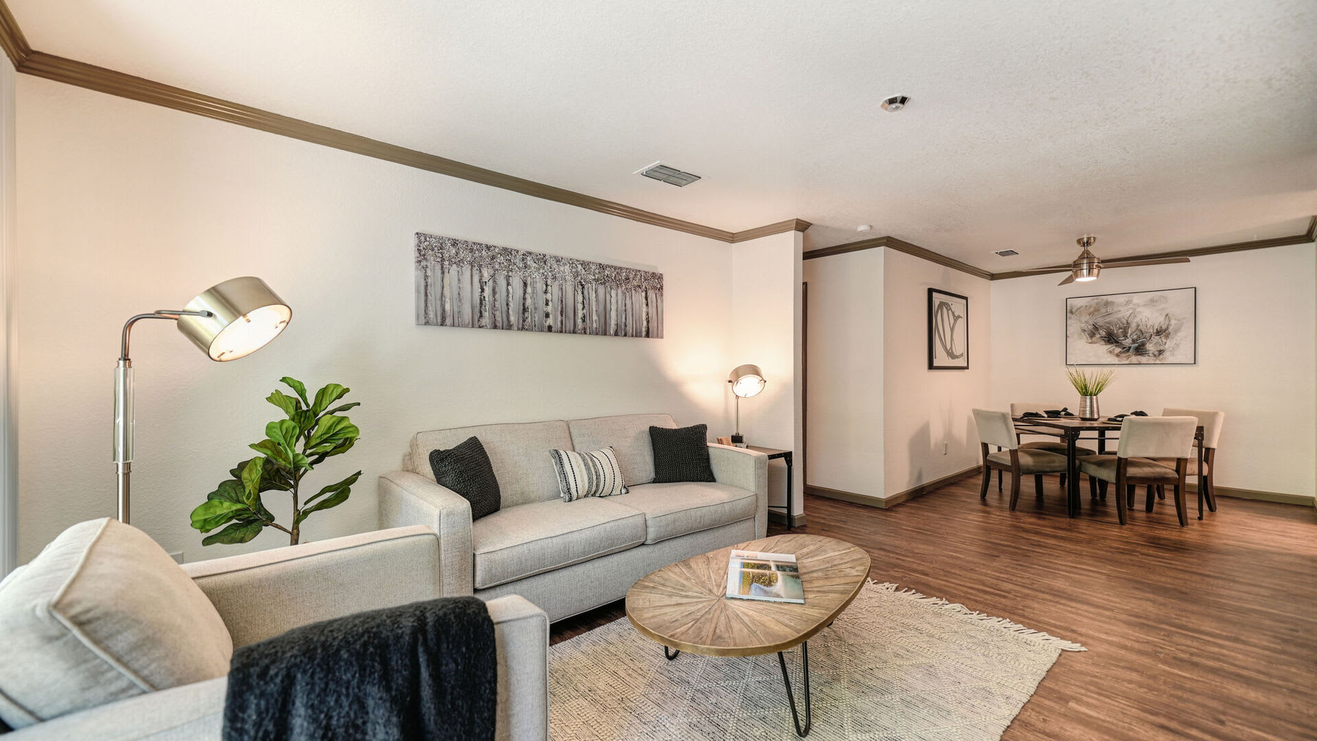 Open floor plan with a living room at Harbor Oaks Apartments in Sacramento, California