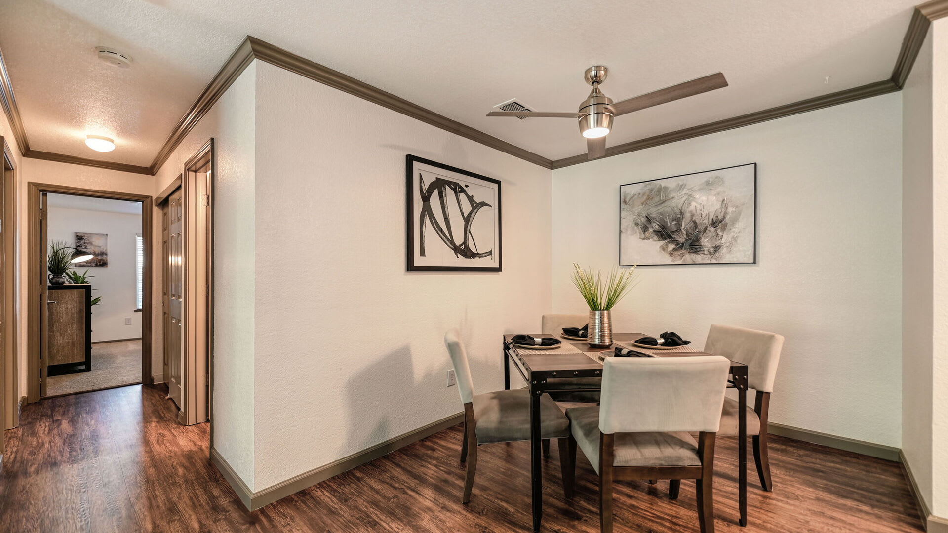 Model dining room at Harbor Oaks Apartments in Sacramento, California