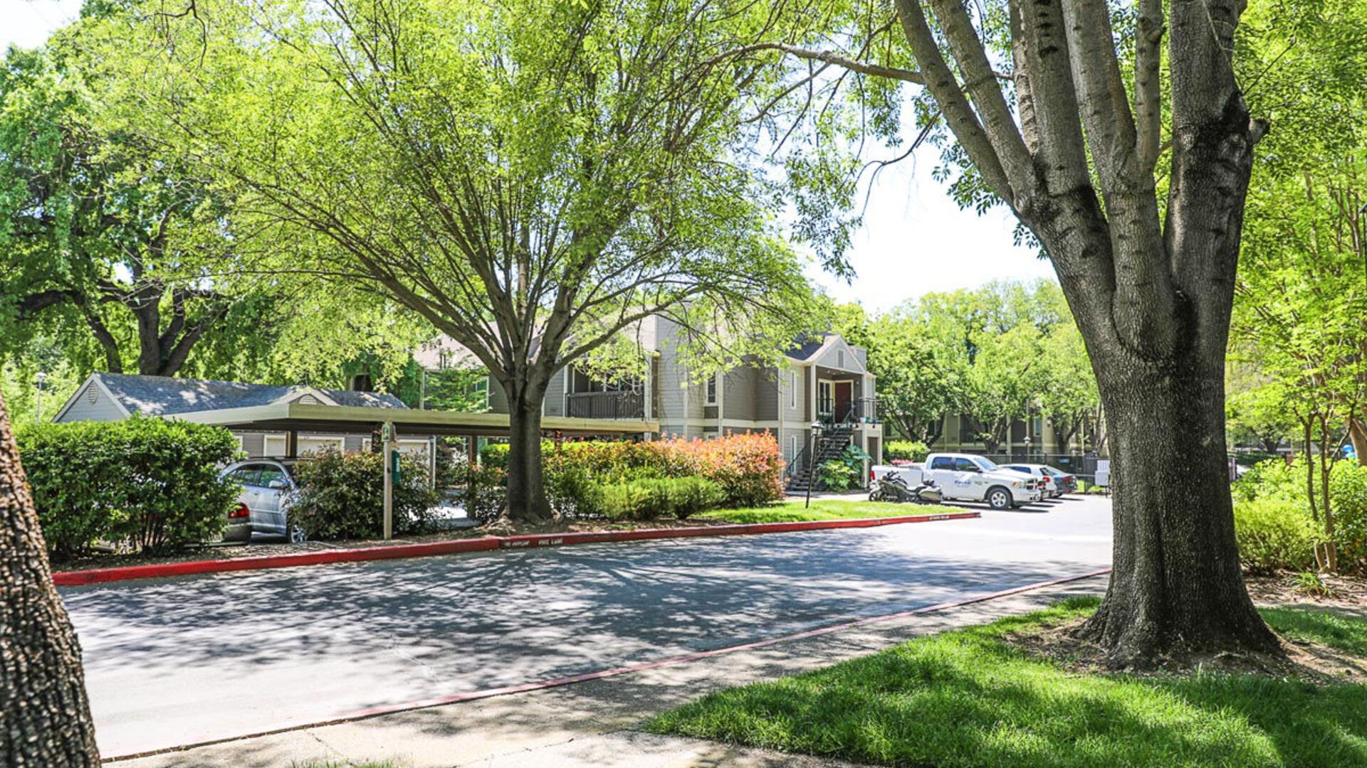 Landscaped grounds at Harbor Oaks Apartments in Sacramento, California