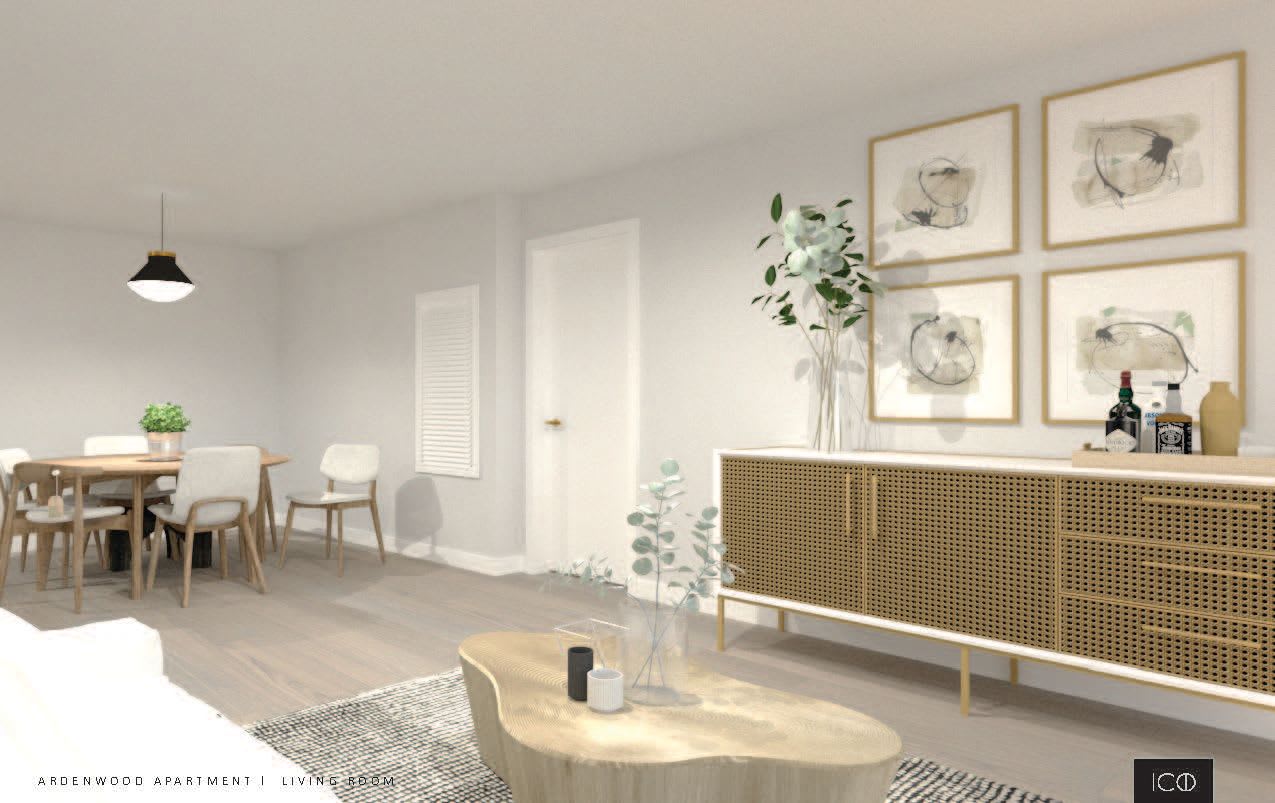 Modern livingroom with wood-style floors in a model apartment at Ardenwood in North Haven, Connecticut