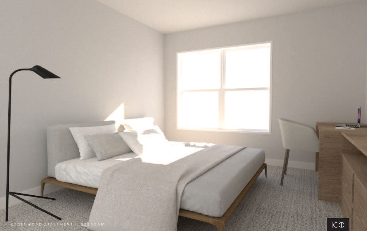 Spacious and brightly lit bedroom  in a model apartment at Ardenwood in North Haven, Connecticut