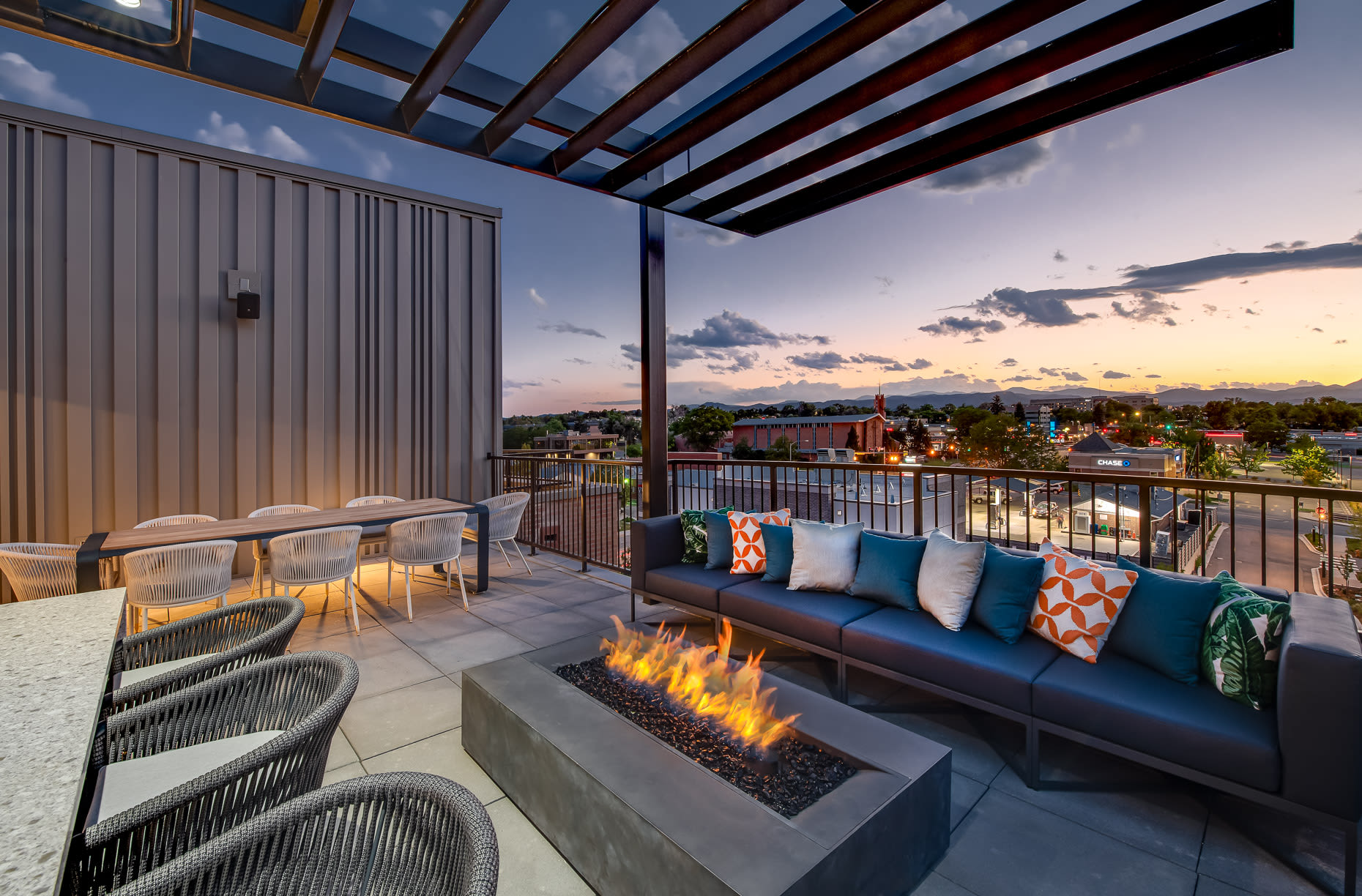 Cozy firepit at night with a wonderful view at West 38 in Wheat Ridge, Colorado