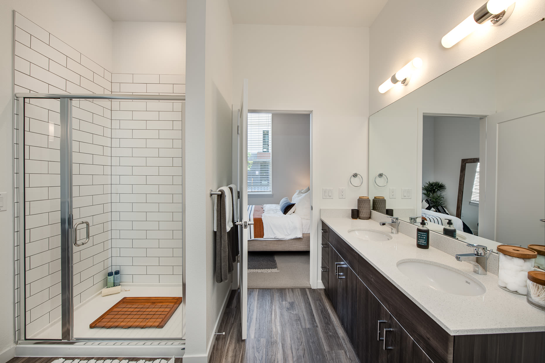 Bathroom with dual vanities at West 38 in Wheat Ridge, Colorado