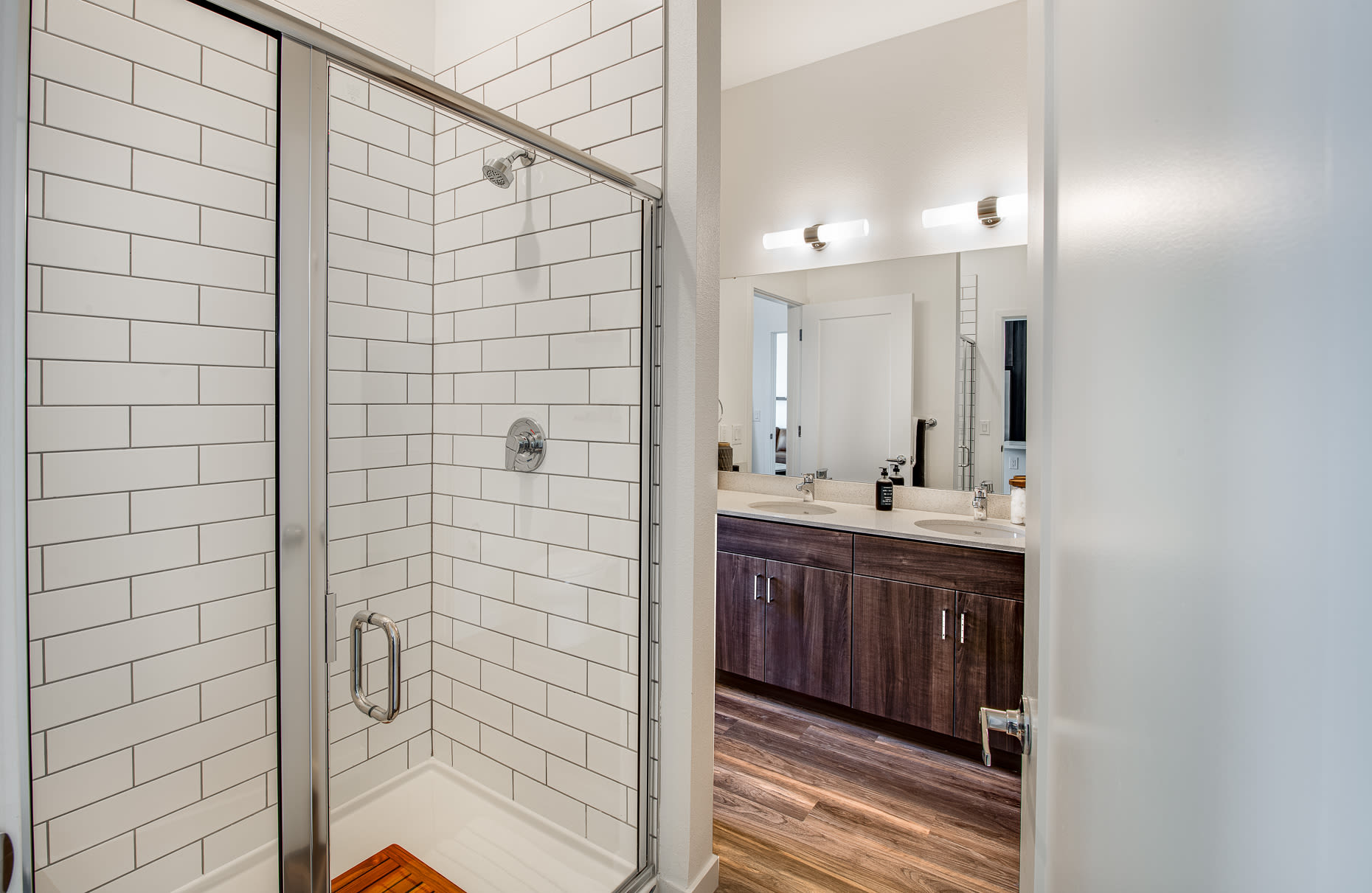 Bathroom with walk-in shower at West 38 in Wheat Ridge, Colorado