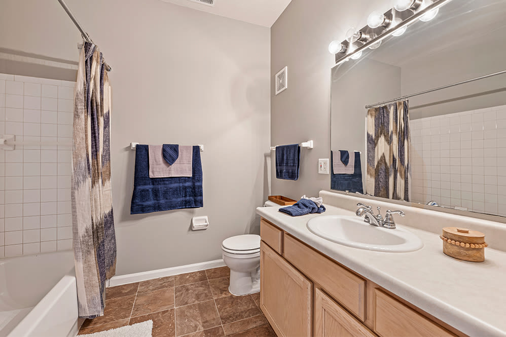 Modern bathroom with a large mirror and a large countertop Lake Pointe Apartment Homes in Portage, Indiana