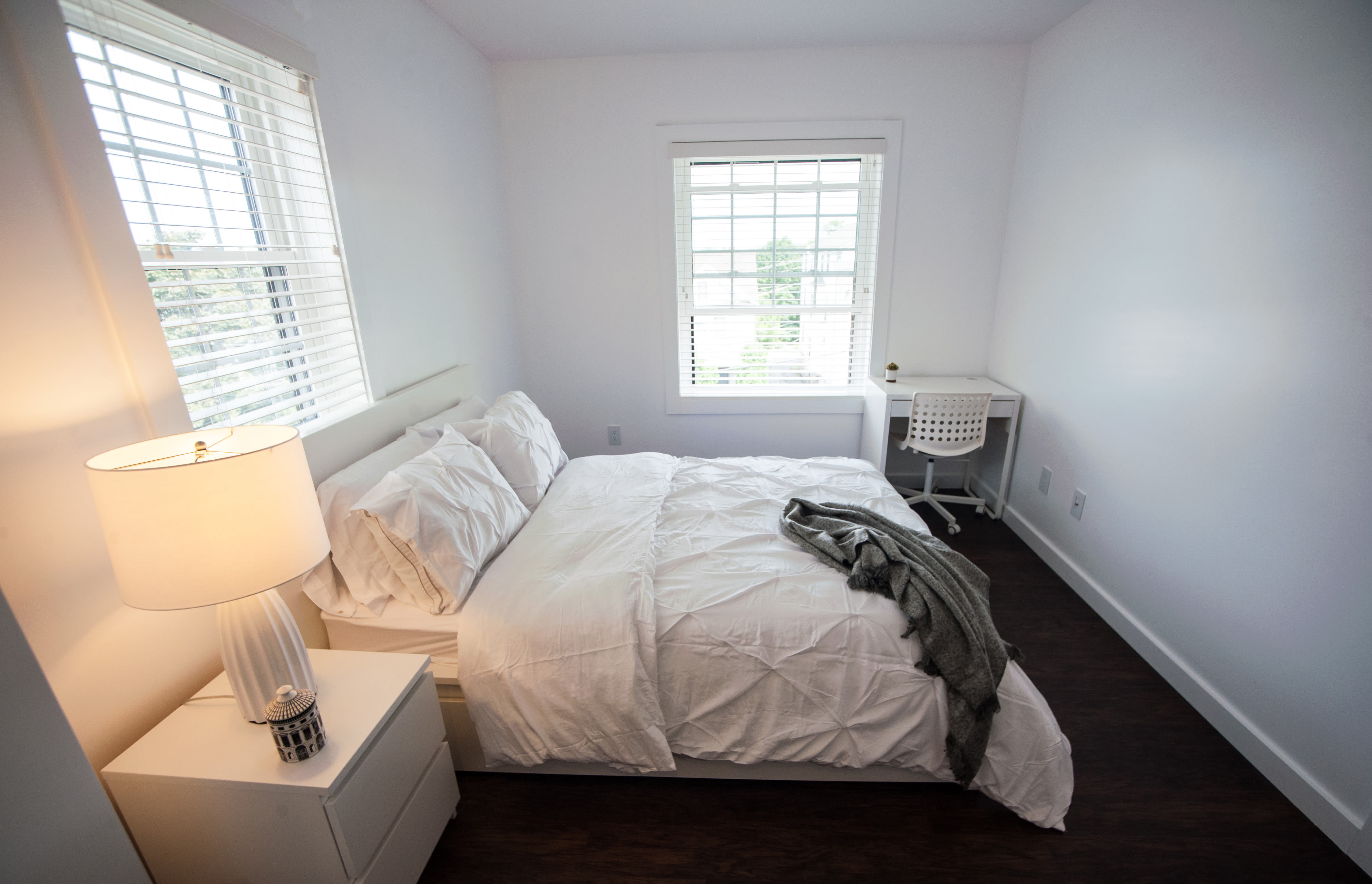 Model student bedroom at Campus Prime in Syracuse, New York