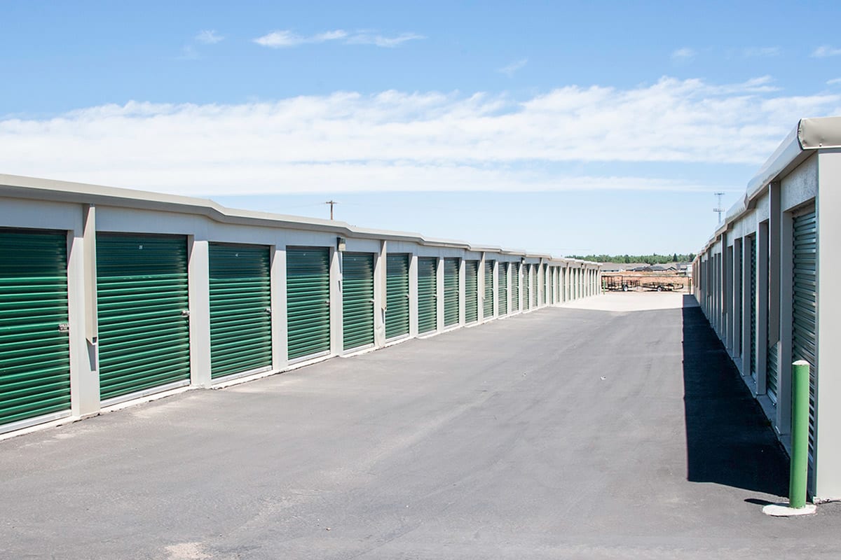 Wide driveways between drive-up storage units at modSTORAGE Skyline in Laramie, Wyoming