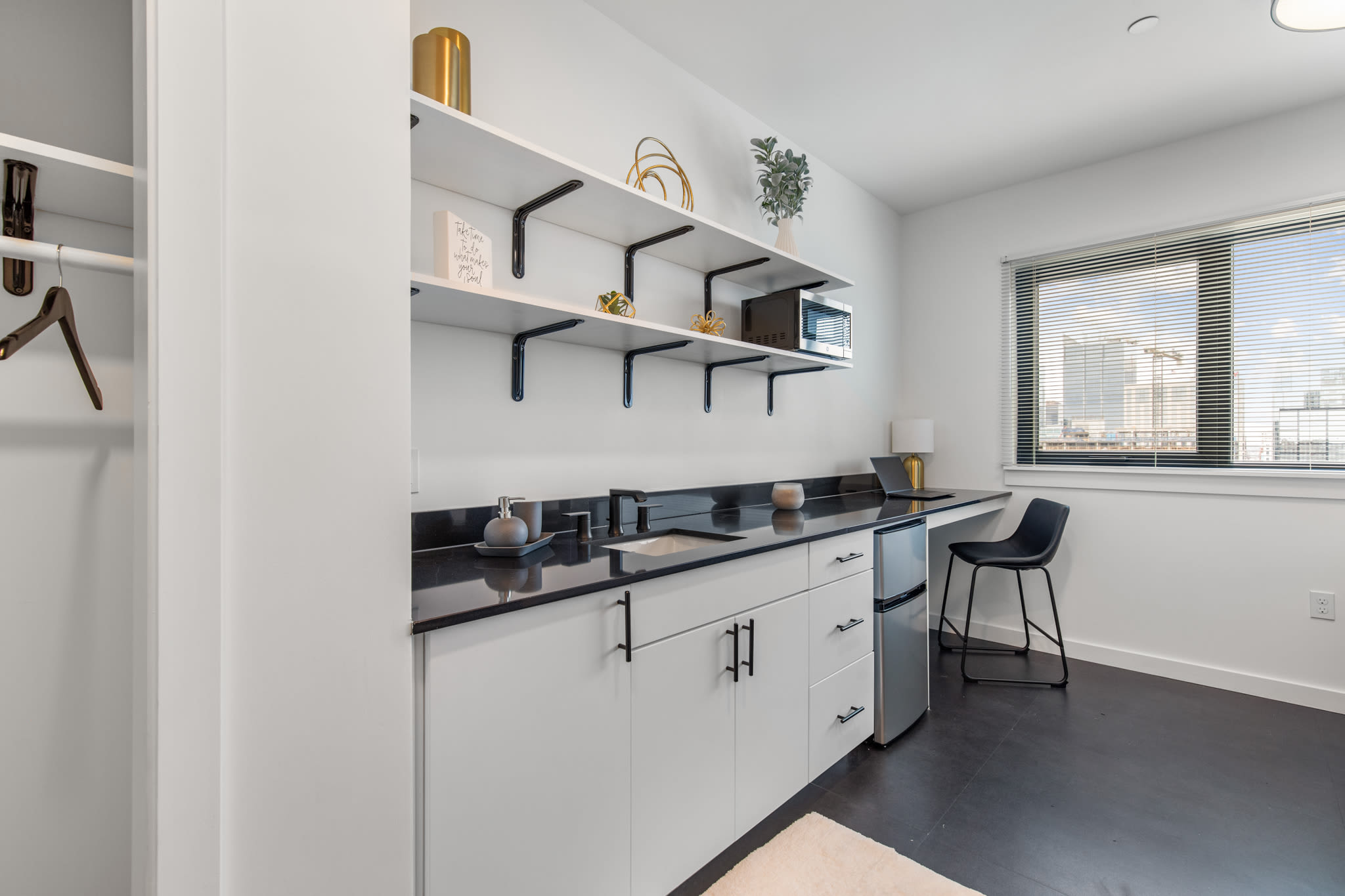 Kitchen in a studio apartment at Rutledge Flats in Nashville, Tennessee