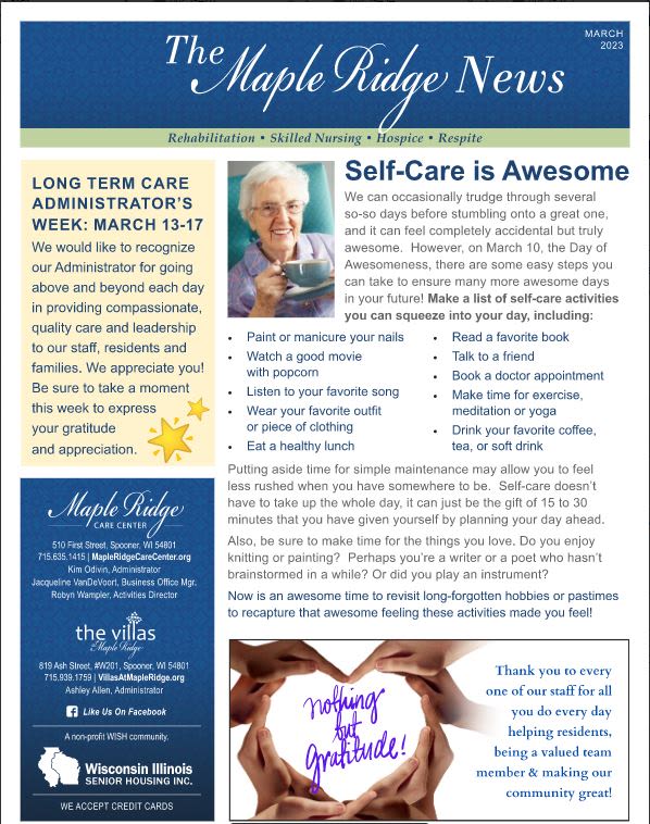 March 2023 Newsletter at Maple Ridge Care Center in Spooner, Wisconsin
