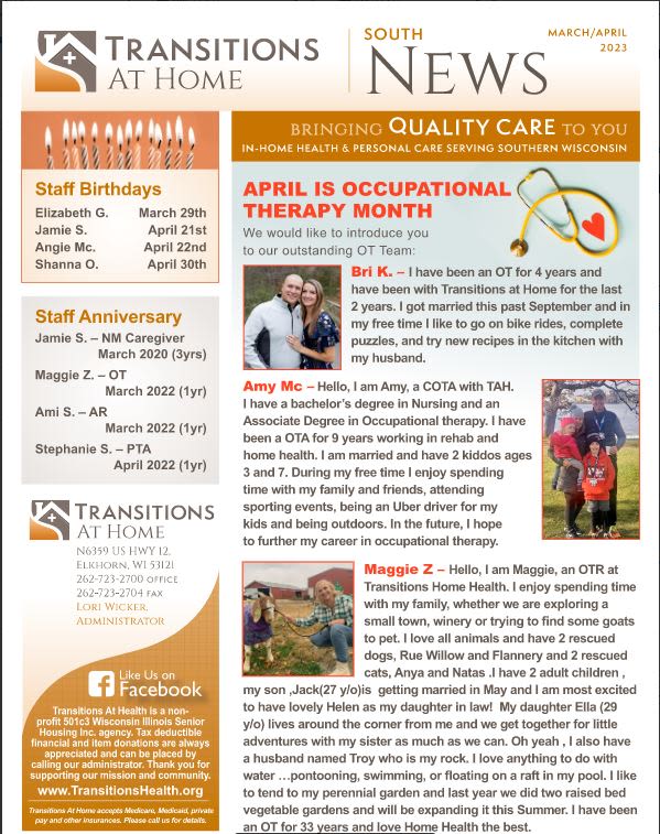 March 2023 Newsletter at Transitions At Home in Elkhorn, Wisconsin