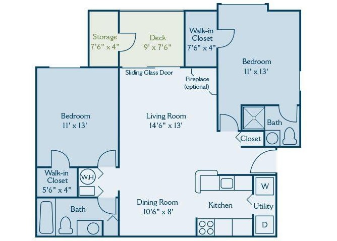 View 2 Bedroom B2 Floor Plan at Kingscrest Apartments in Frederick, Maryland