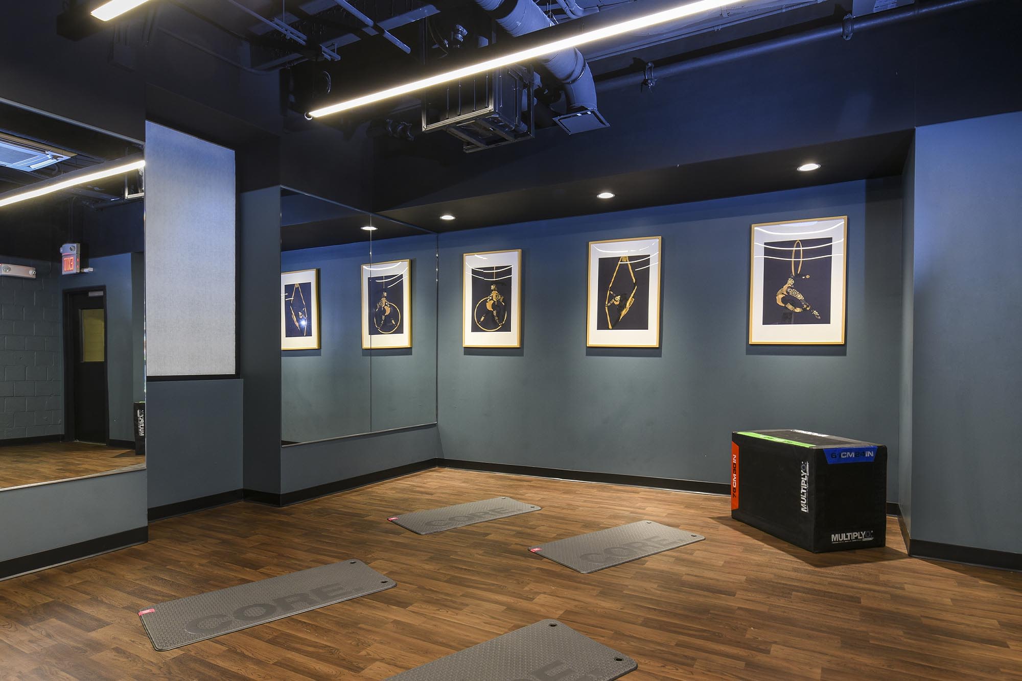 Yoga and stretching room in the fitness center at Landmark Glenmont Station in Silver Spring, Maryland