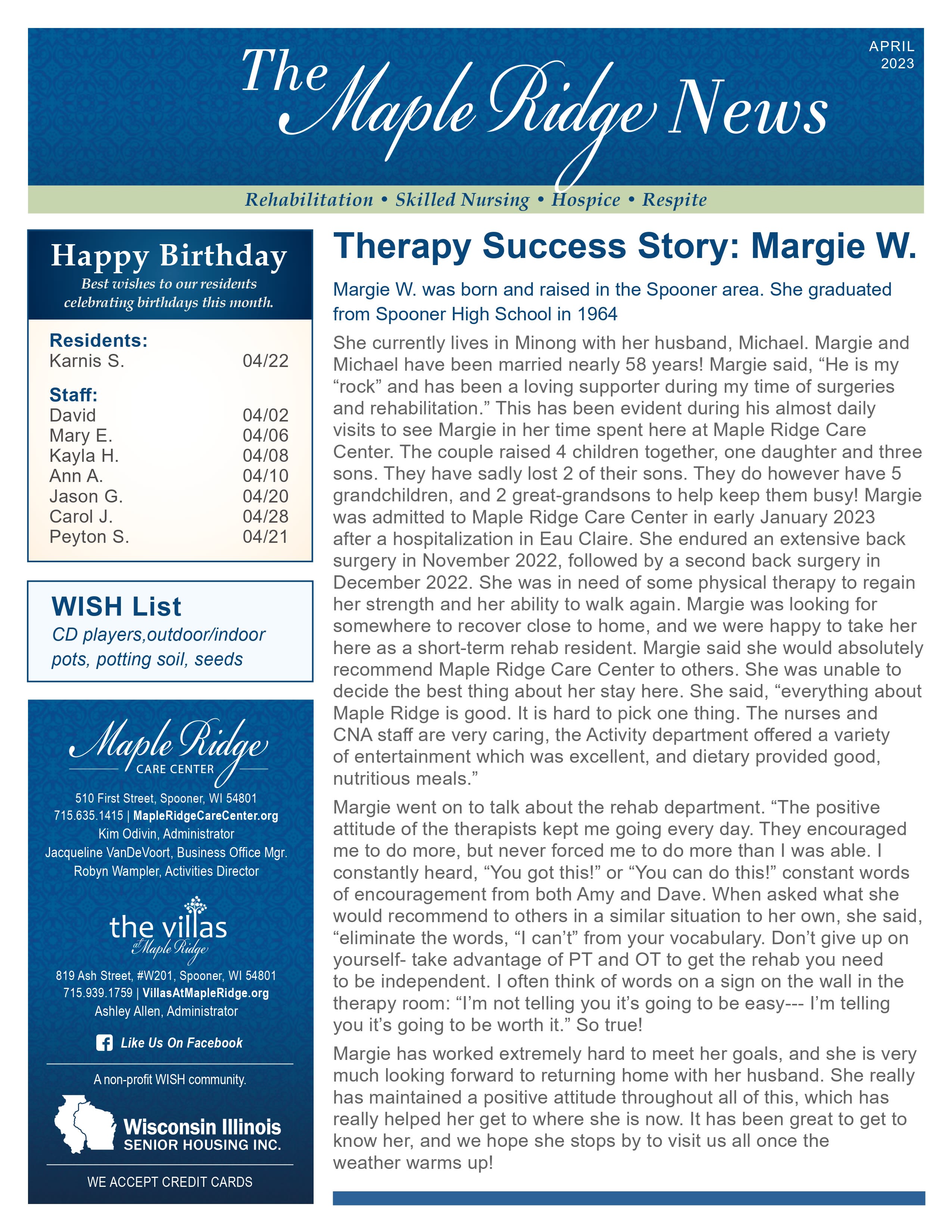 April 2023 Newsletter at Maple Ridge Care Center in Spooner, Wisconsin