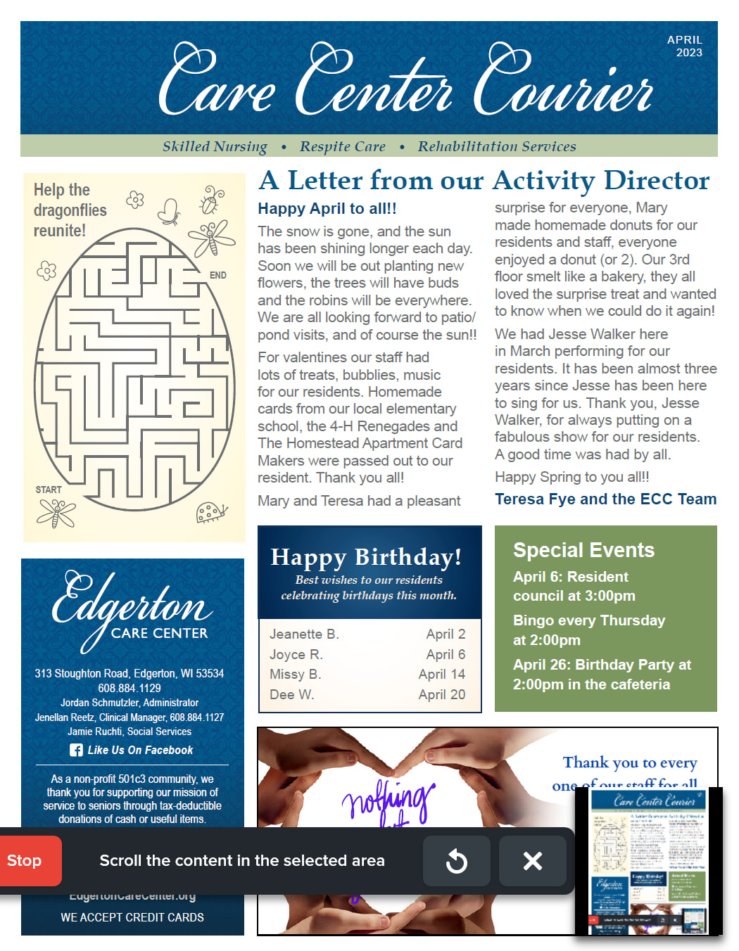 April 2023 Newsletter at Edgerton Care Center in Edgerton, Wisconsin