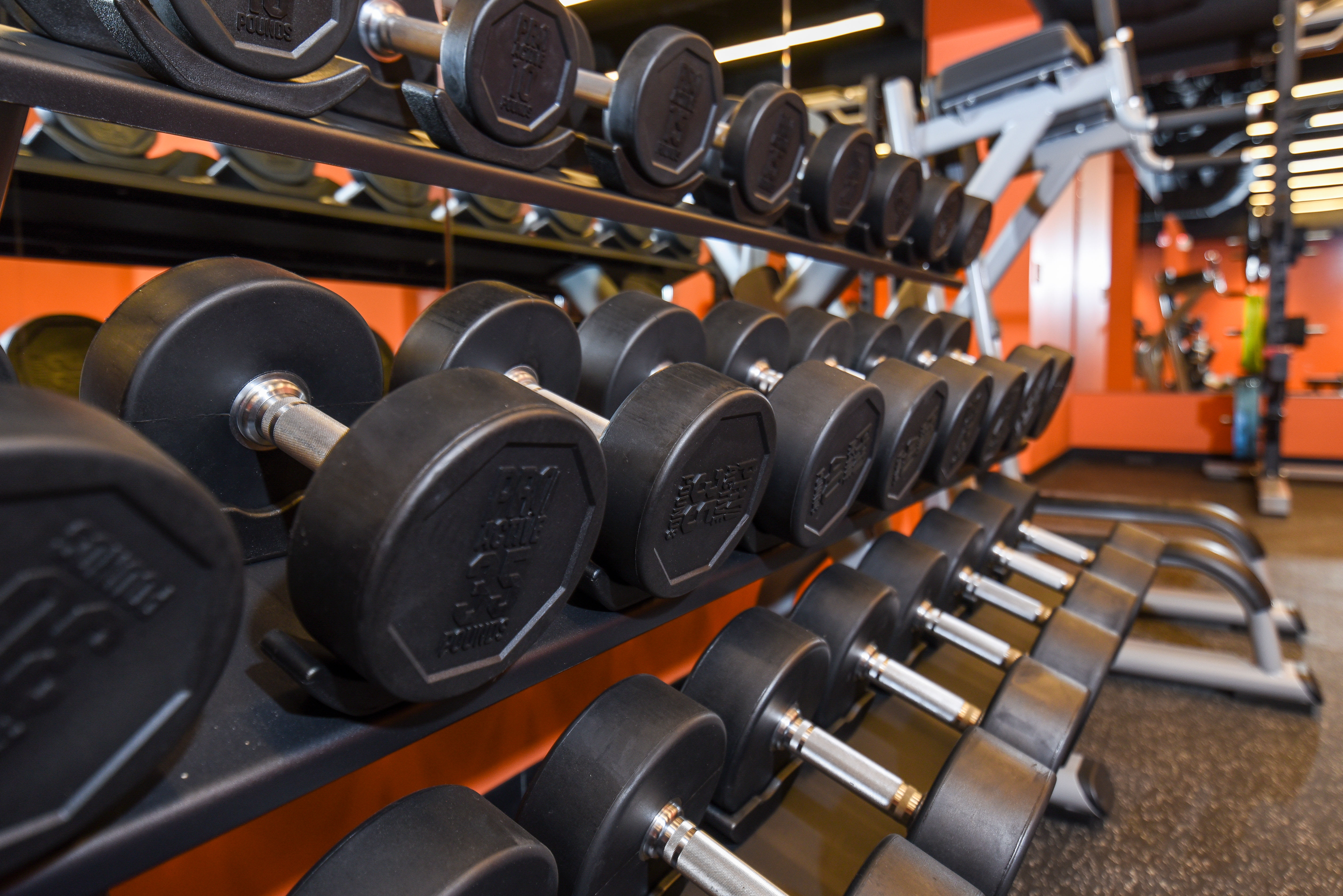 On-site fitness center with free weights at Landmark Glenmont Station in Silver Spring, Maryland