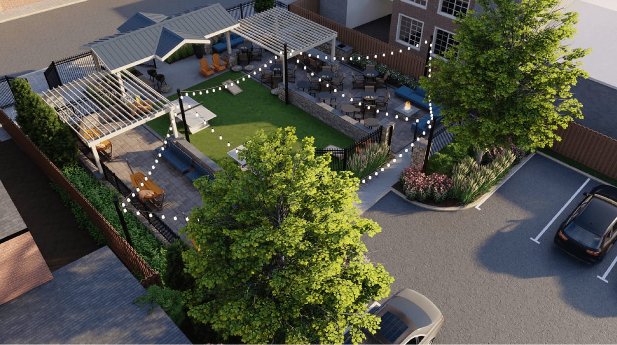 Overhead rendering of the outdoor space at The Brunswick in New Brunswick, New Jersey