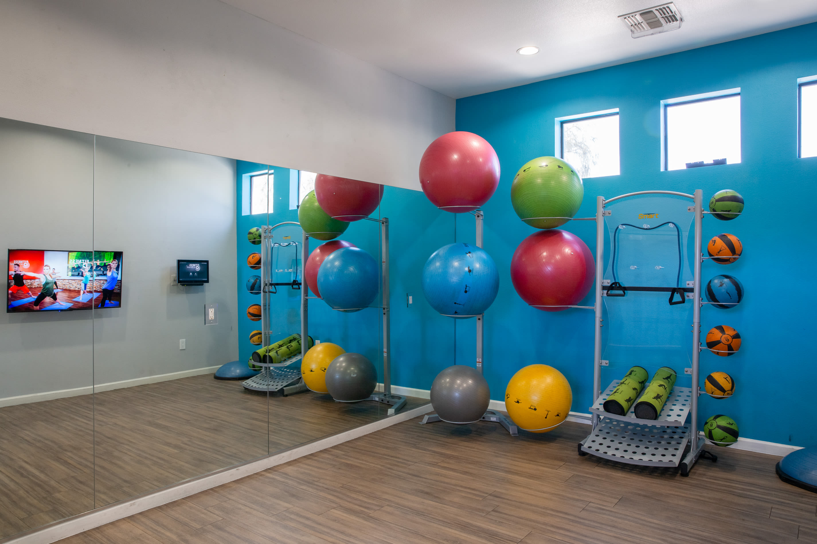 Fitness room with exercise balls at Ascent at Papago Park in Phoenix, Arizona