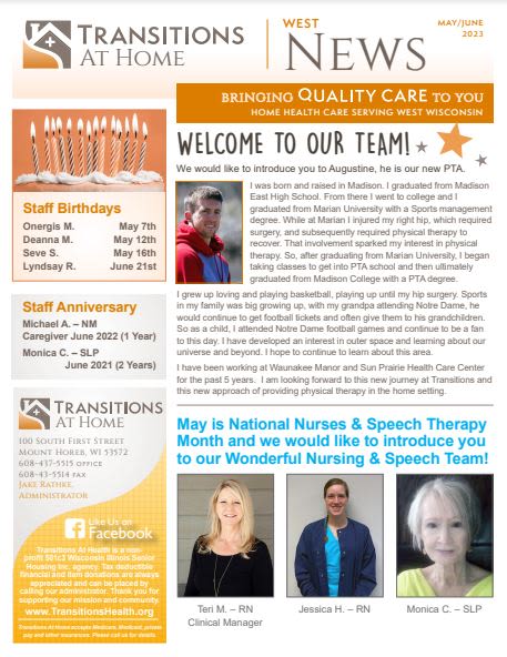 May 2023 Newsletter at Transitions At Home - West in Mount Horeb, Wisconsin
