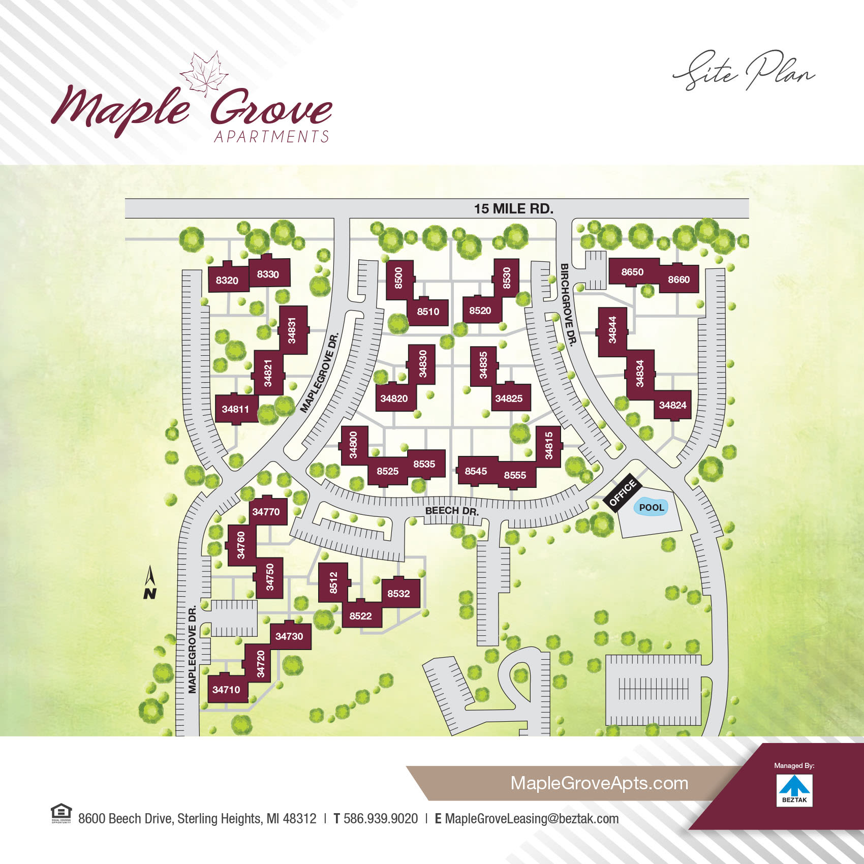 Site map of Maple Grove Apartments in Sterling Heights, Michigan