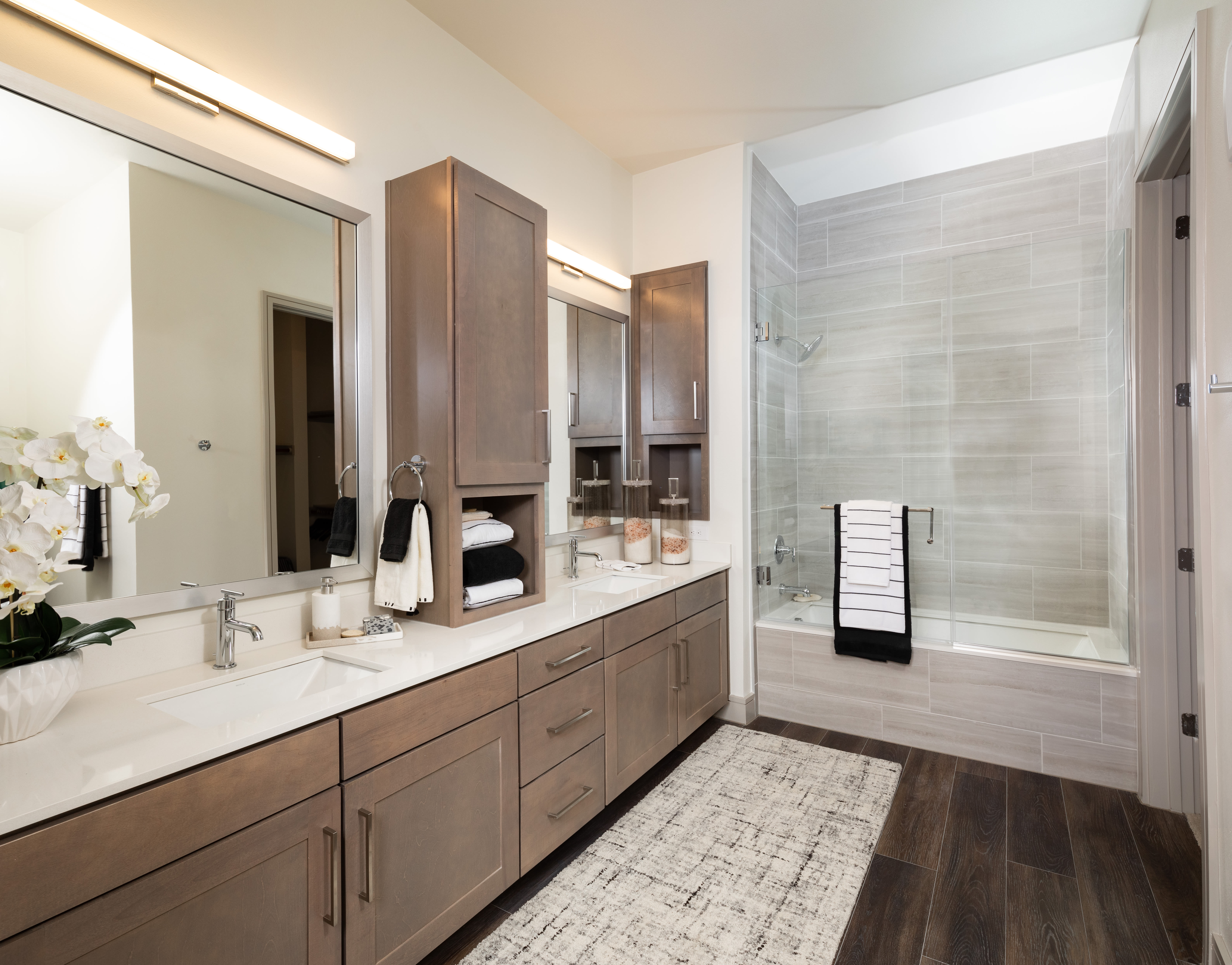 Modern model bathroom at Instrata at Legacy West in Plano, Texas