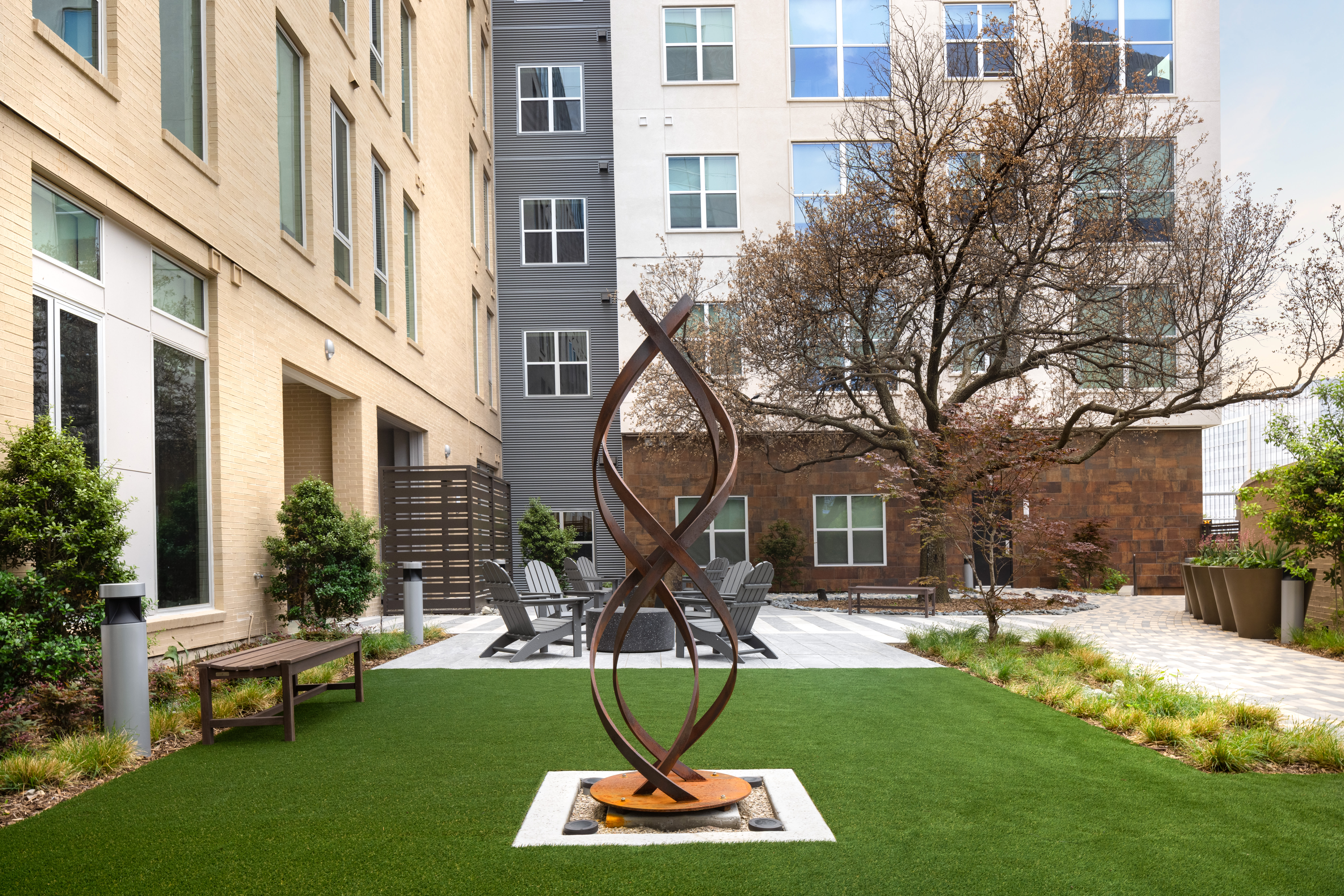 Metal sculpture on the grounds at Instrata at Legacy West in Plano, Texas