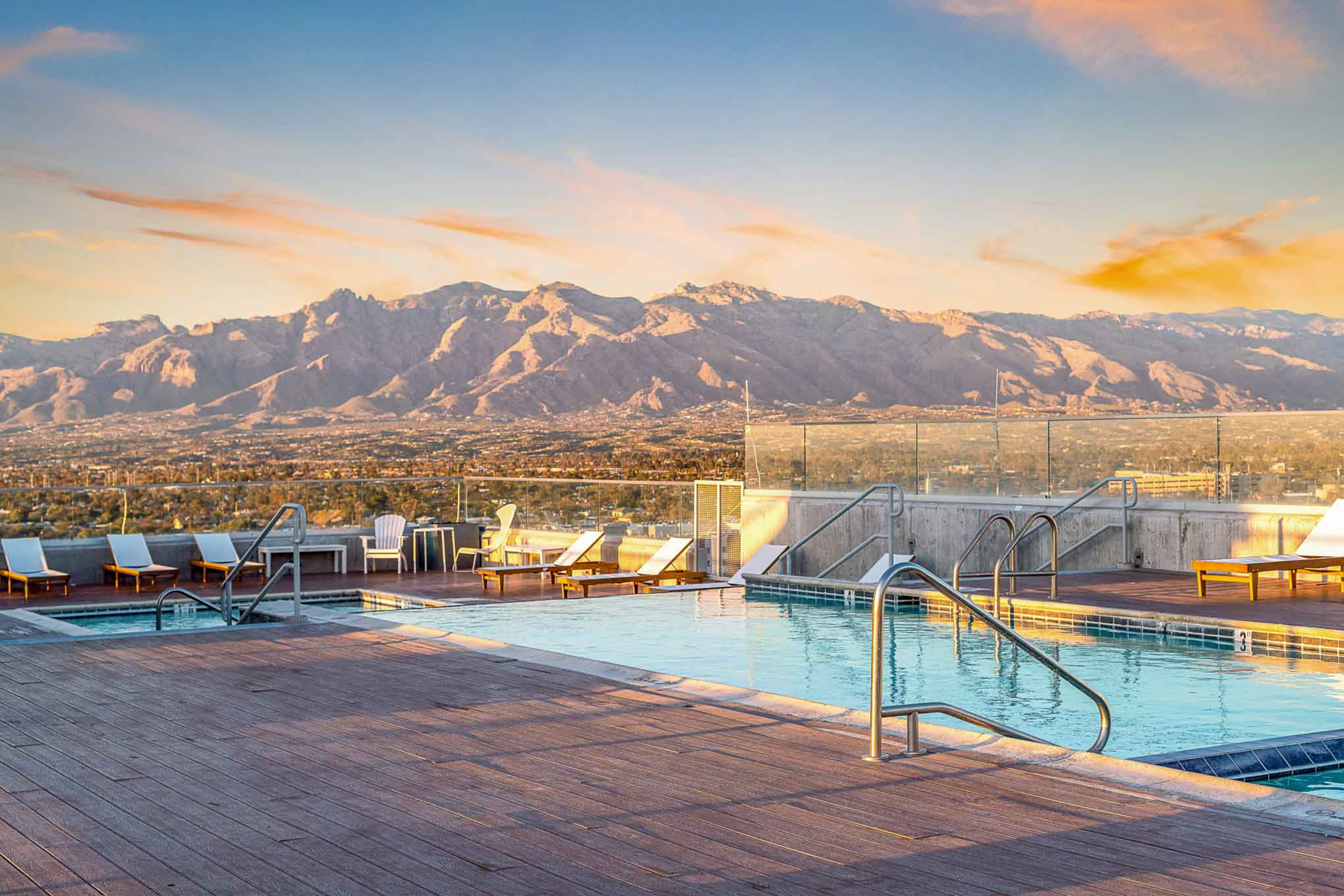 Large swimming pool overlooking the mountain at Sol y Luna in Tucson, Arizona